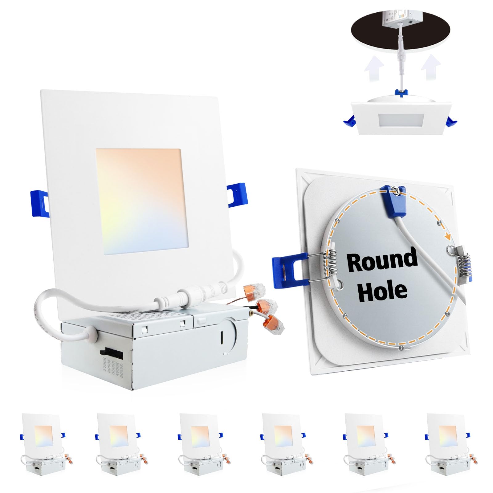 Photo 1 of Adetu 4 inch Square Led Recessed Lighting,6 Pack 5CCT Ultra Thin Square Led Ceiling Light with Junction Box,10W 860LM,CRI90,2700K-5000K Selectable,Dimmable Canless Downlight,ETL and Energy Star