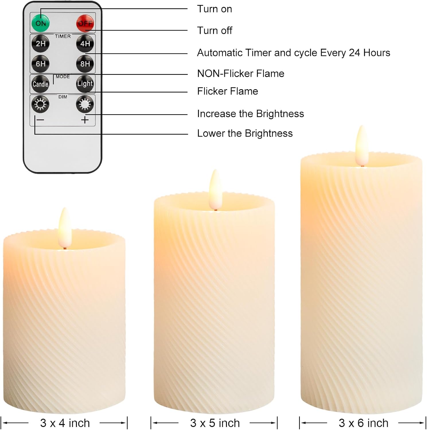 Flickering Flameless Candles with Remote, Real Wax Battery Operated Candles with Timer, Ivory LED Pillar Candles for Wedding/Christmas/Home Decor,Set of 3(Threaded Style)