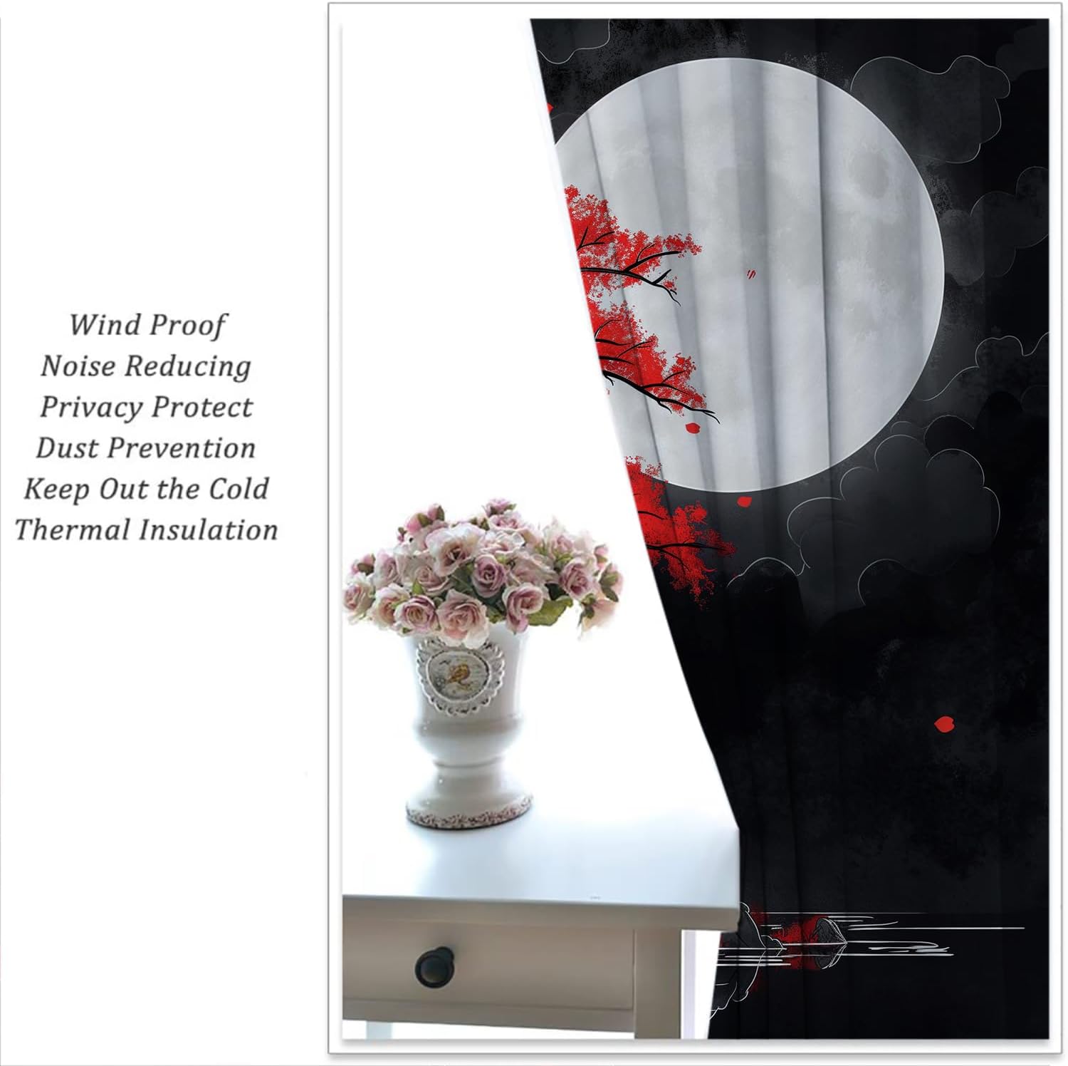 Japanese Boy Girls Blackout Curtains,Asian Anime Red Plum Moon Landscape Painting, 2 Panel Rod Pocket Thermal Insulated Drapes for Bedroom, Living, Kids Room Deco 55x63 inch