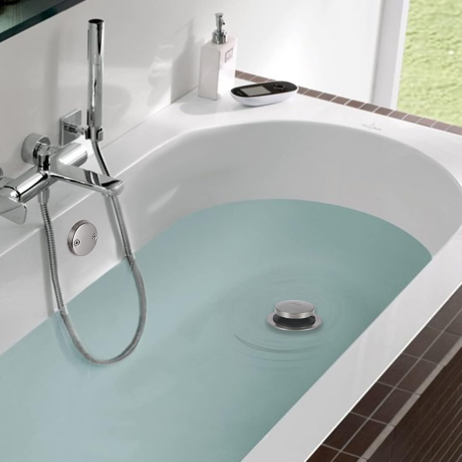 Tip Toe Bathtub Drain Conversion Kit Assembly, Tub Drain Plug Trim Set Bath Tub Drain Stopper with Two-Hole Overflow Faceplate (Brushed Nickel) - - 