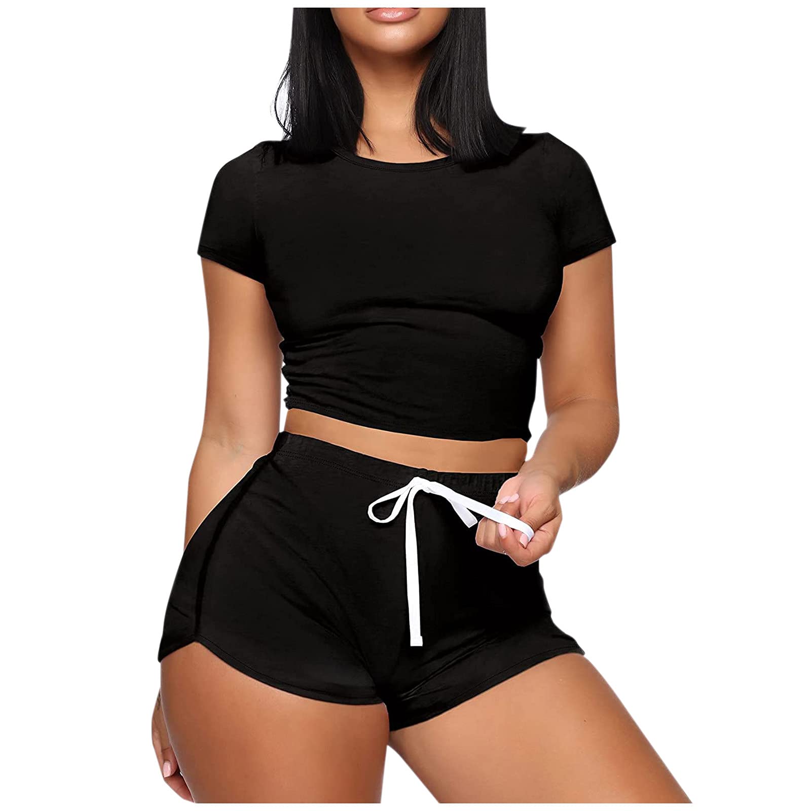 ADMAY Conjunto de mujer de dos piezas Leggins Deportivos Conjunto de Pieza Trajes Casual de Manga 2 Verano Active Short Conjunto de Mujer Sexy Vestidos y Conjunto de Mujer Conjunto de Algodón, A2-negro, L