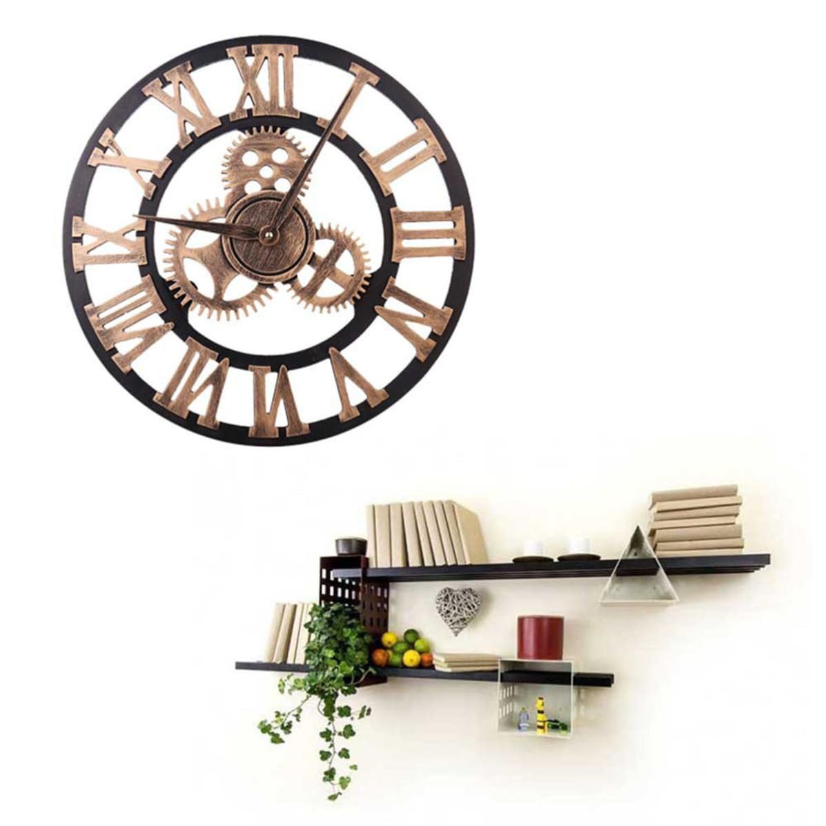 jojofuny Horloge Murale Vintage en Bois 3D à Engrenages, Chiffres Romains