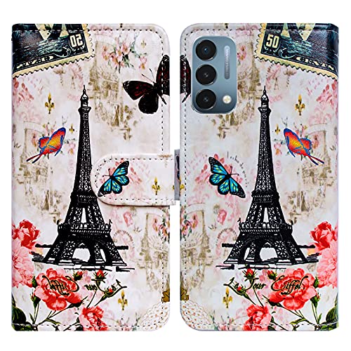 Image of Bcov Case for OnePlus Nord N200 5G, Paris Tower Butterfly Leather Flip Phone Case Wallet Cover with Card Slot Holder Kickstand for OnePlus Nord N200 5G