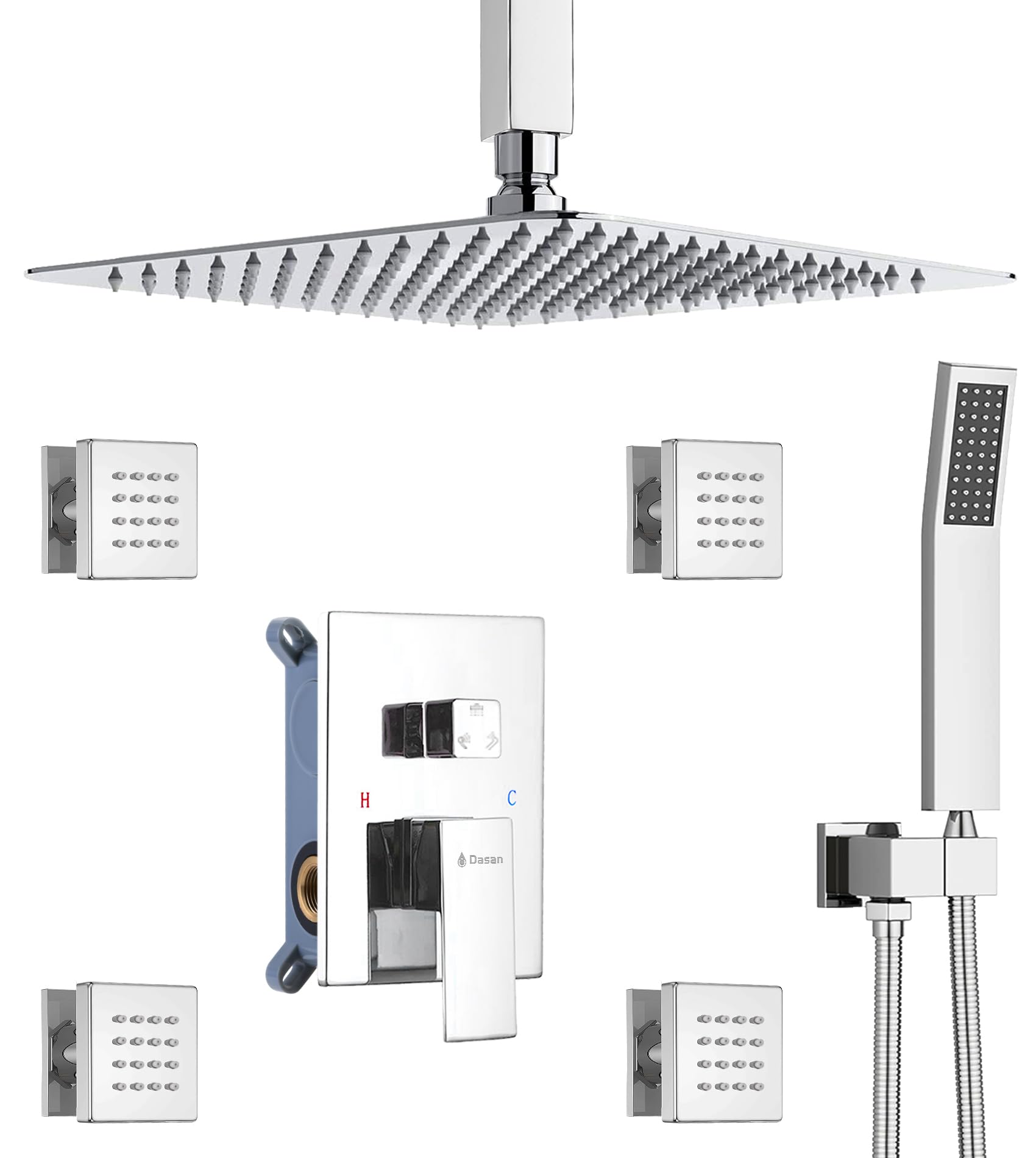 Polished Chrome Shower System with 4 PCS Shower Body Spray Jets & 12’’ Ceiling Shower Head & Handheld Spray, DASAN Full Body Shower Faucet System with Jets Rainfall Shower Combo Set, SA-SS03BCH-S12C