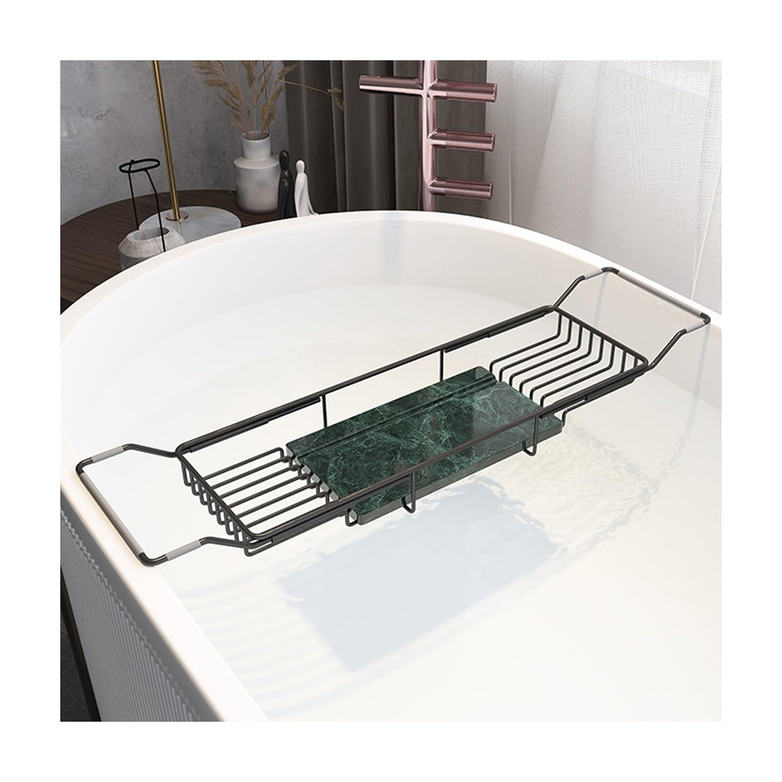 Bandeja extensible de acero inoxidable para bañera con tabla de cortar de mármol, se adapta a la mayoría de tinas independientes, organizador de baño ajustable para relajación (plateado y verde)