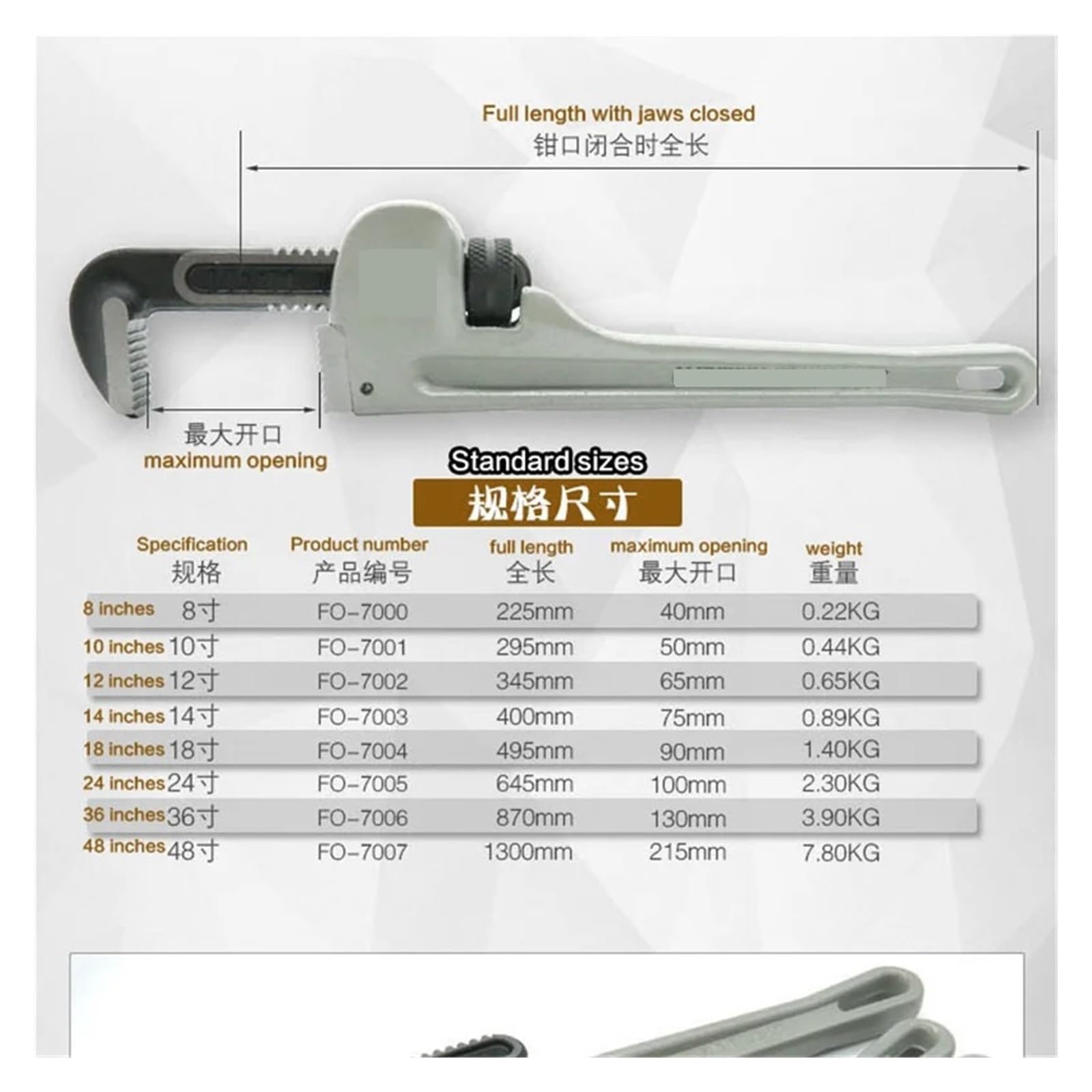 Llave inglesa, llave inglesa pequeña para tubos, Llave for tubos, herramientas, llave for de aleación aluminio, alicates for, for agua grado industrial for uso doméstico(Fo-7002)