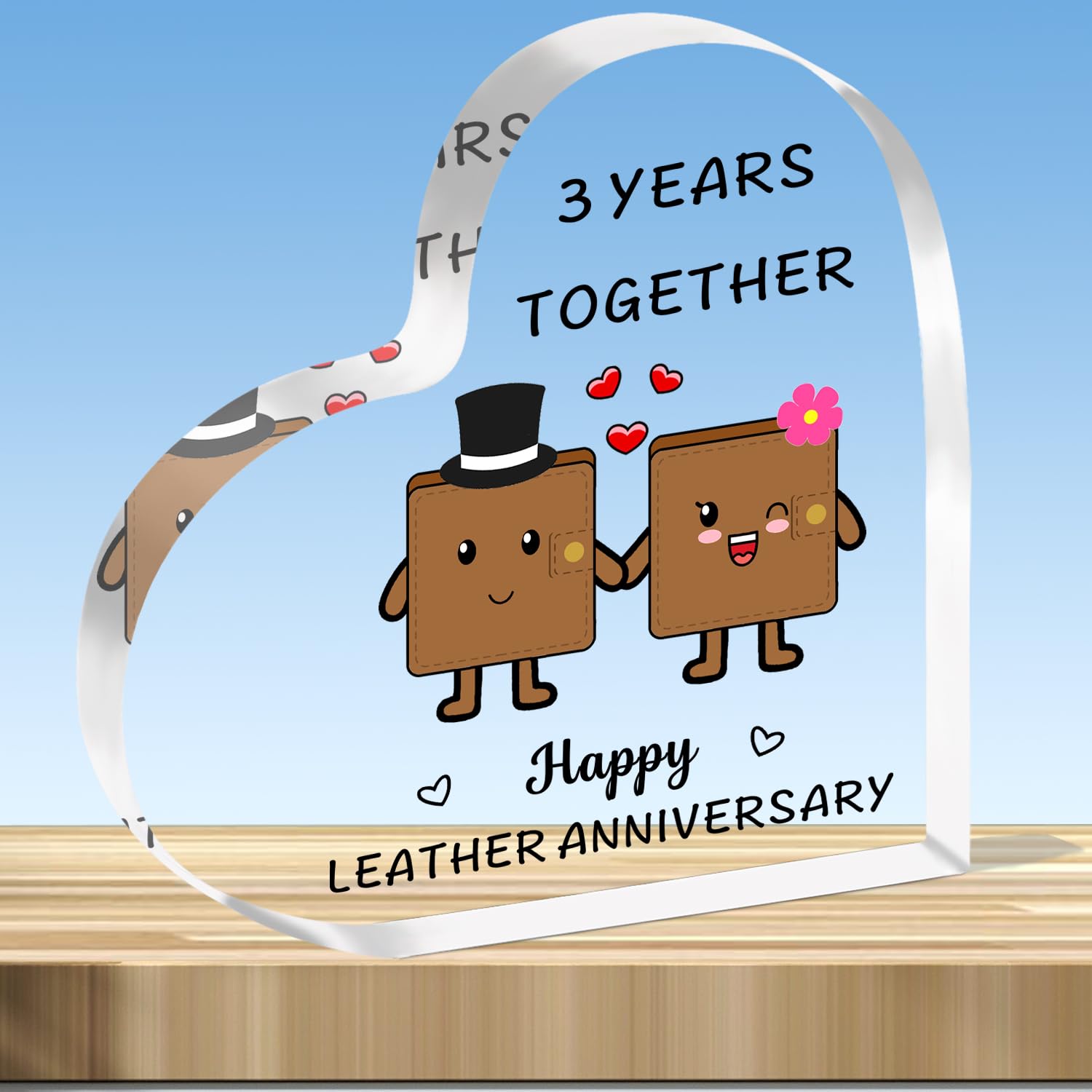 JMIMO 3rd Wedding Anniversary Plaque Gifts 3 Years Together - Happy Leather Anniversary Heart Shaped Acrylic Plaque for Couple Wife Husband