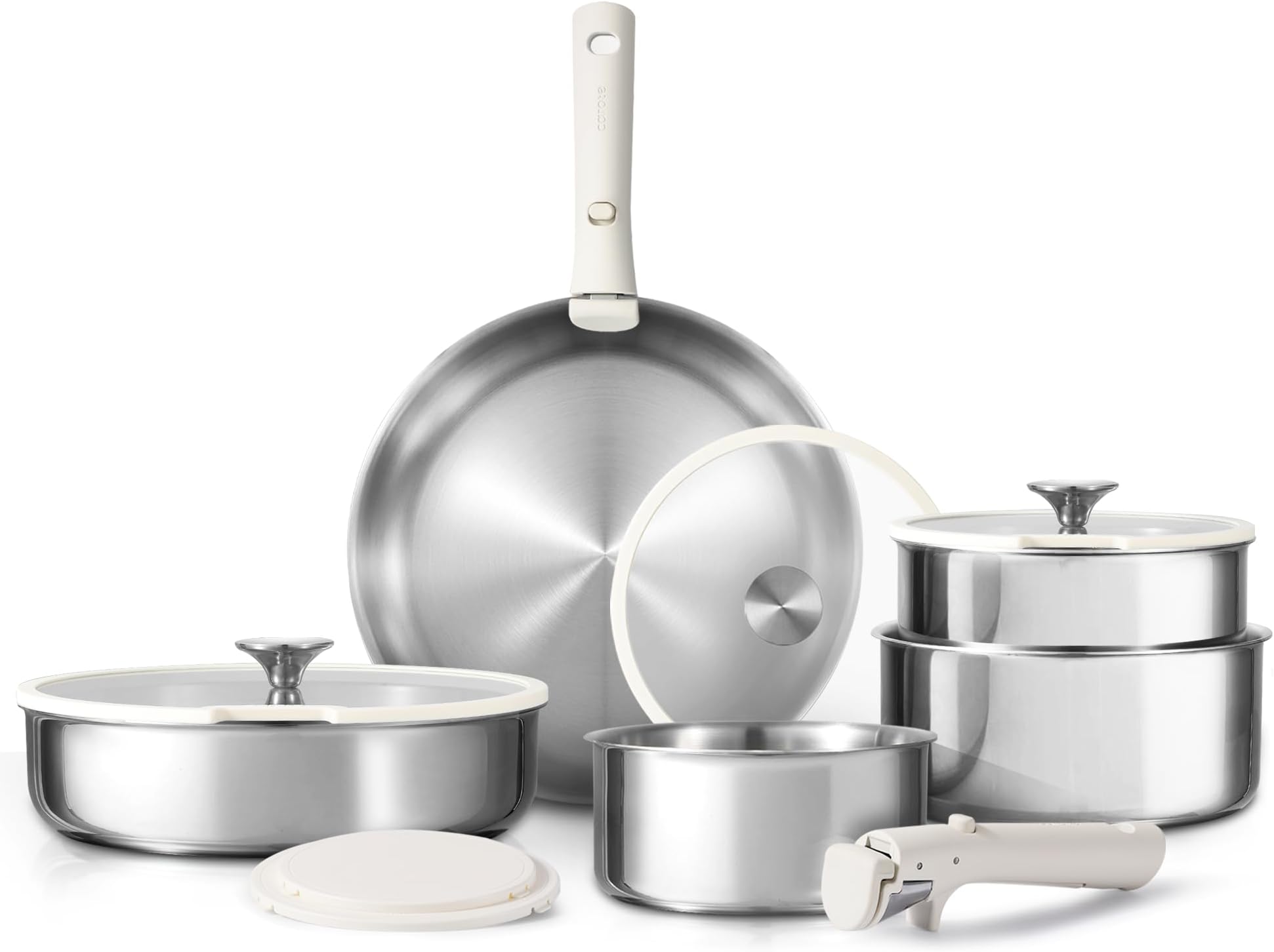 CAROTE 12pcs Pots and Pans Set, Glossy Stainless Steel Cookware Set Detachable Handle, Induction Kitchen Cookware Sets with Removable Handle, RV Cookware Set, Oven Safe, Camping Cookware