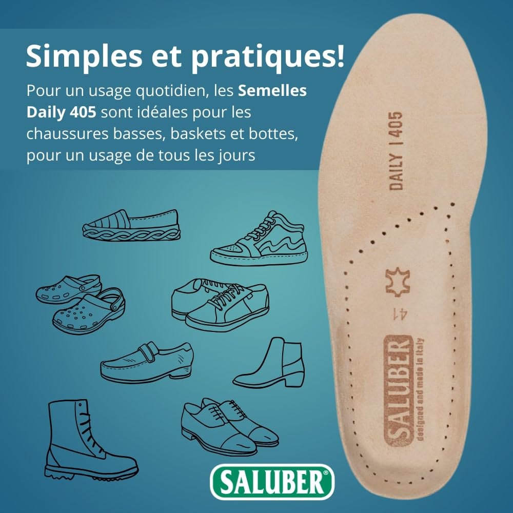 Saluber Semelles Chaussures Confort Cuir Daily 405 Homme Femme (43) | Poron+ amorti chocs, anti-odeur et transpiration, respirantes, faites main en Italie