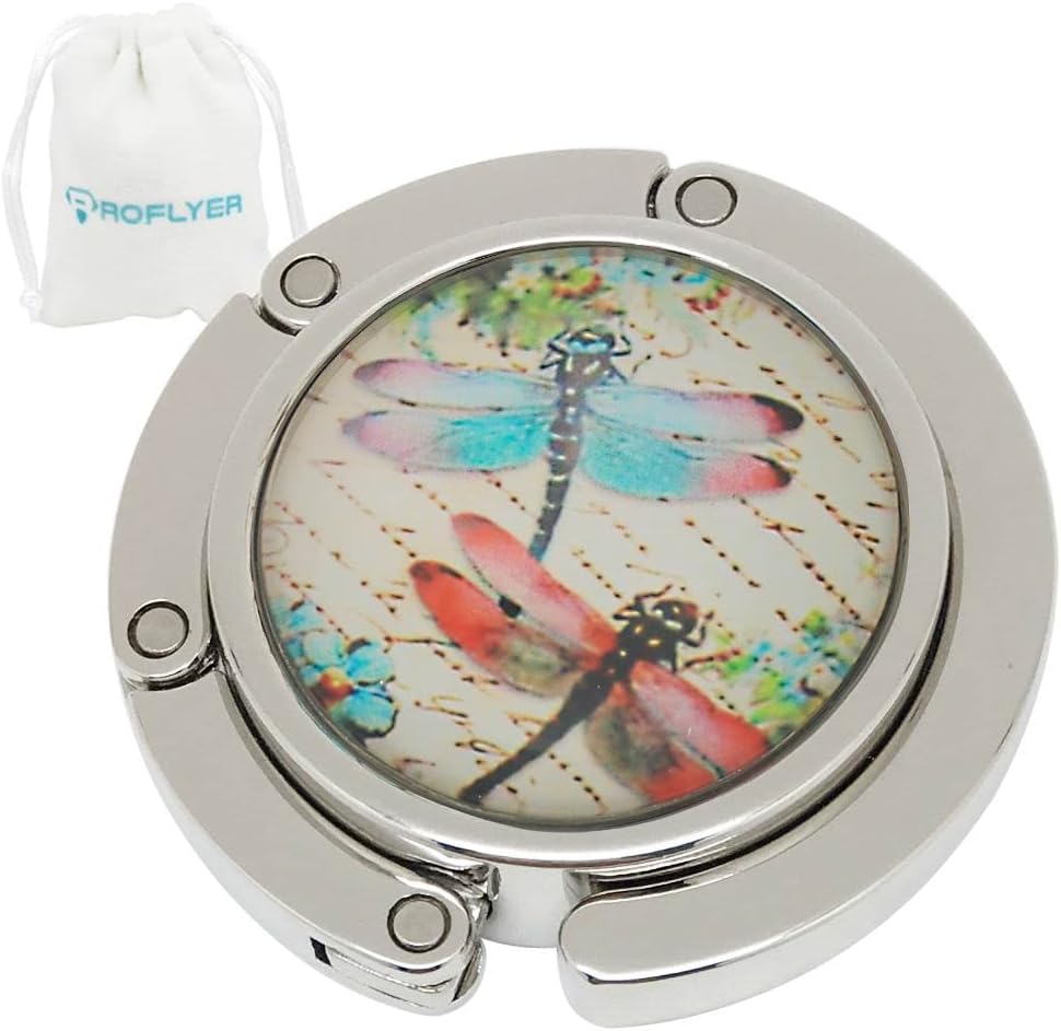 Cute Round Purse Hook - Foldable Handbag Hanger Safer Cleaner Bag, Fold Up Folding Table Hanger, with Velvet Pouch (Dragonfly)