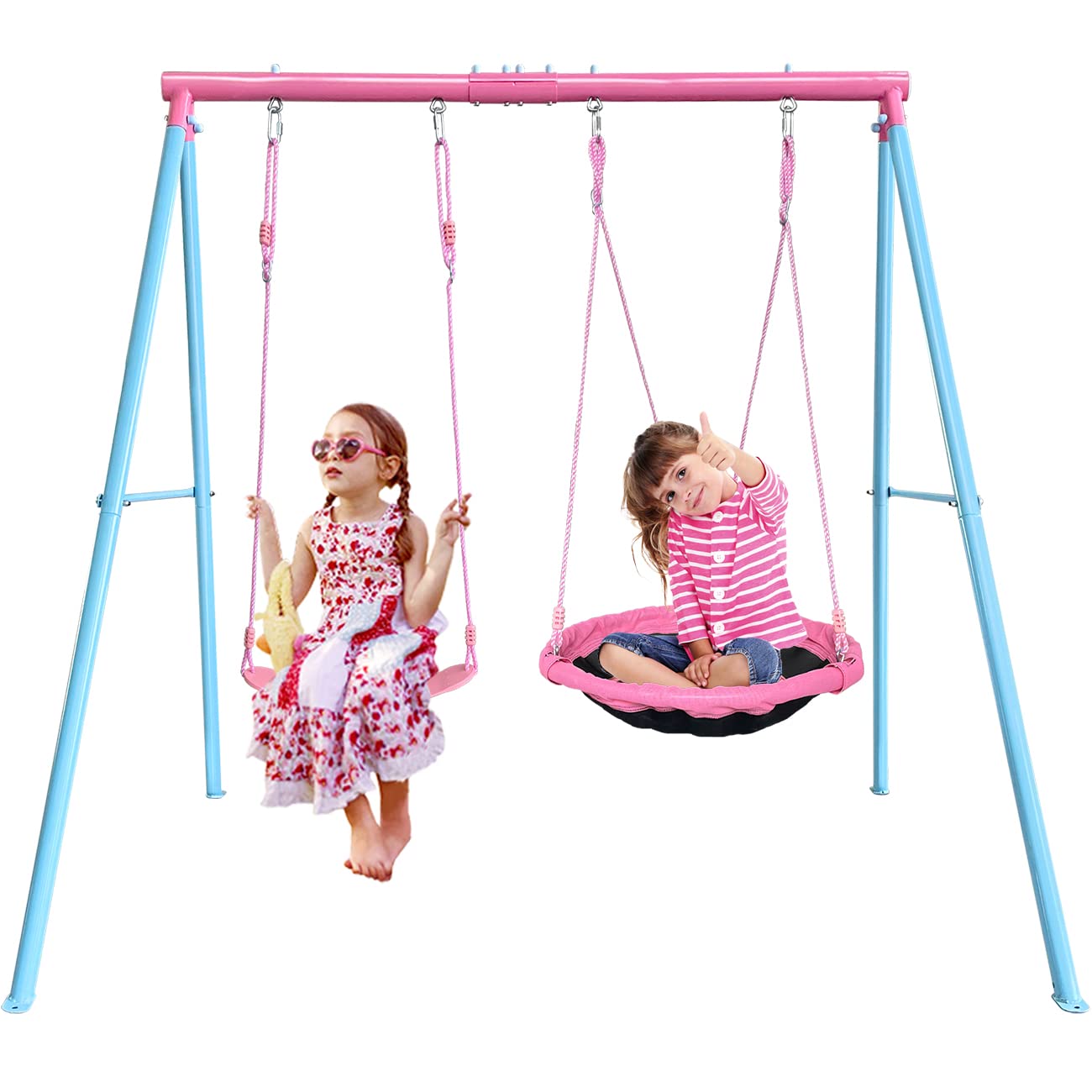 JYGOPLA 440lbs 2 Play Stations Swing Sets for Backyard, 1 Saucer Tree Swing 32 inch, 1 Belt Swings, Heavy Duty Metal Swing Stand with Anchors(Pink+Blue)