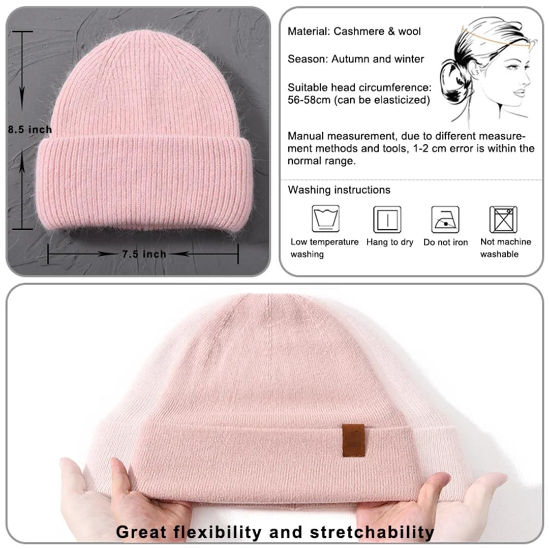 Gorro De Invierno Para Mujer, Gorro Tejido De Cachemira Con Doble Pliegue, Gorros De Piel Larga, Gorro Cálido