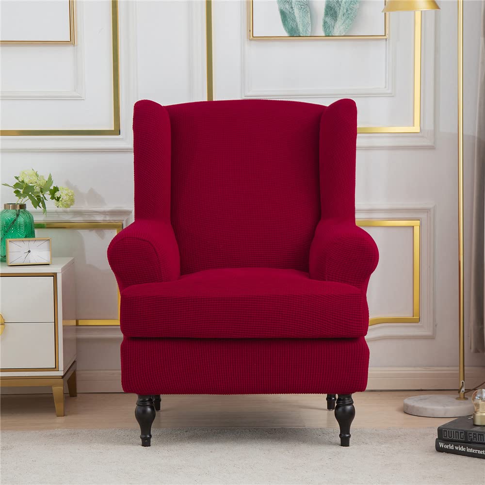 Highdi Red Wingback Chair Covers 2 Piece Stretch Wing Chair Slipcover, Washable Solid Color Corn Velvet Sofa Cover Furniture Protector For Armchair Chairs Hotel Living Room Bedroom (Red)