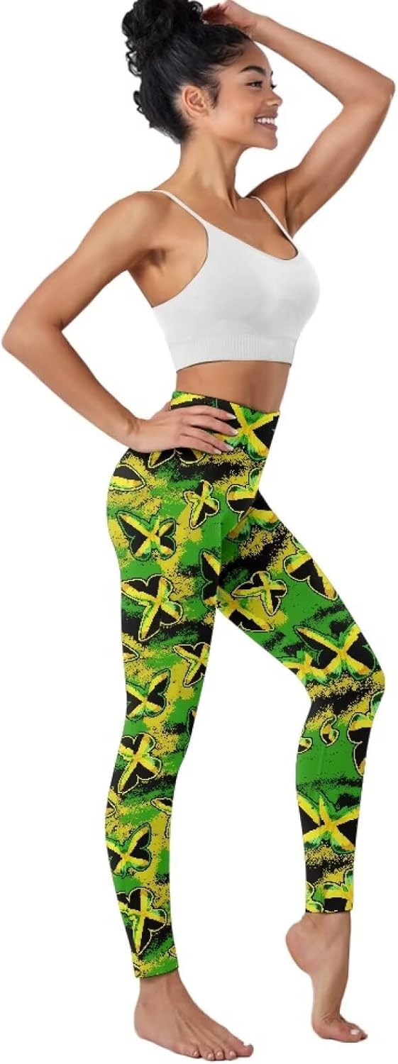 Clover Women's Yoga Pants, Jamaican Flag Butterfly High Waisted Leggings, Halloween Ghost Yoga Pants with Pockets