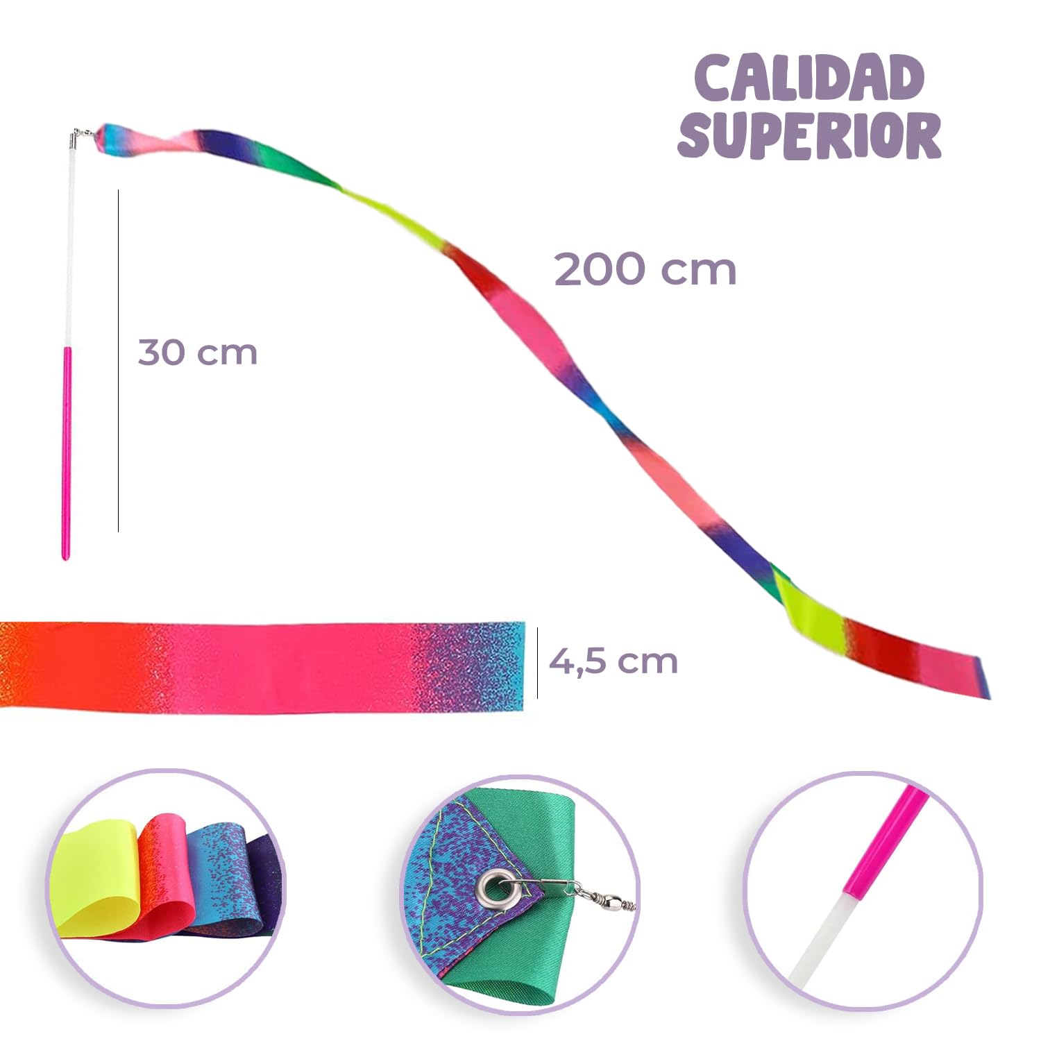 Cintas de Gimnasia Multicolores 2 Metros para Danza, Gimnasia Rítmica, Circo, Ejercicios de Suelo, Competición