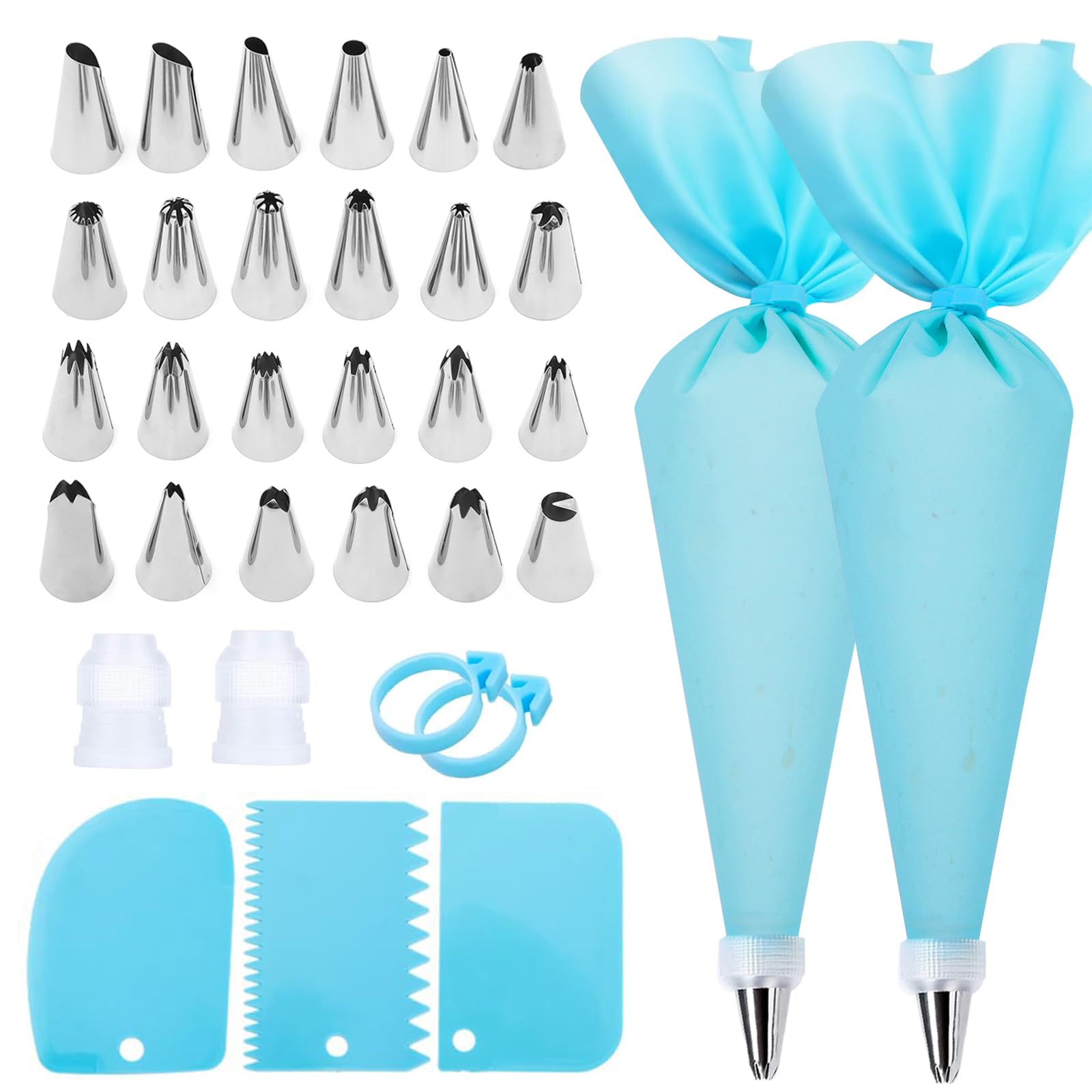 FATUXZ Piping Bags and Tips Set, Cake Decorating Kit with 2 Reusable Piping Bags, 24 Icing Tips, 2 Couplers, 3 Scrapers 2 Silicone Rings, Cupcake Decorating Kits Cake Piping Tips Frosting Piping Kit