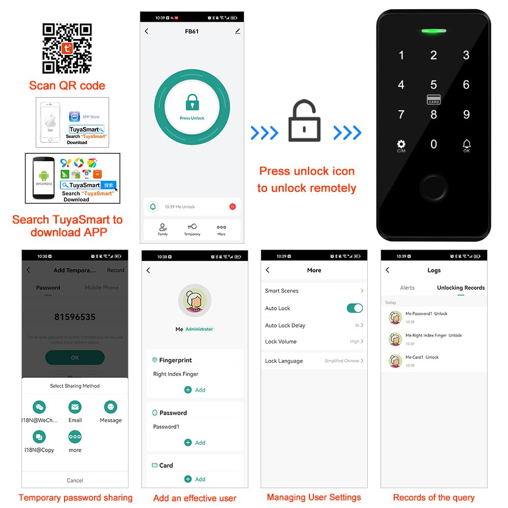 Bluetooth Tuya Zutrittskontrollsystem-Set, wasserdichte RFID-Tastatur, Fingerabdruck, 180 kg Magnetschloss, 10 x 13,56 MHz Schlüsselanhänger