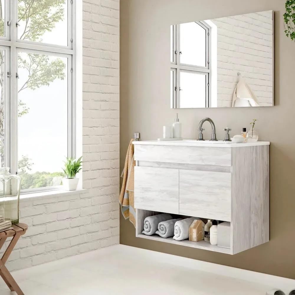 Bagno Italia Mueble de baño de 80 cm suspendido color roble blanqueado con lavabo y espejo decoración moderna muebles