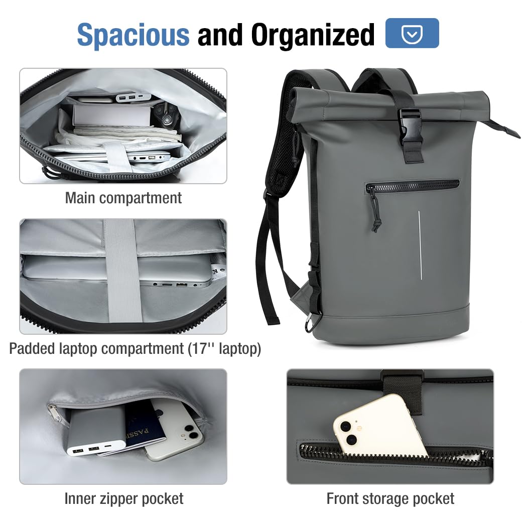 Lekeinchi Zaino Rolltop Uomo Donna Porta PC 17 Pollici | Zaino Impermeabile Uomo Donna - Rains Zaino con Strisce Riflettenti - Zaino da Viaggio Espandibile - Casual Lavoro Università - Grigio
