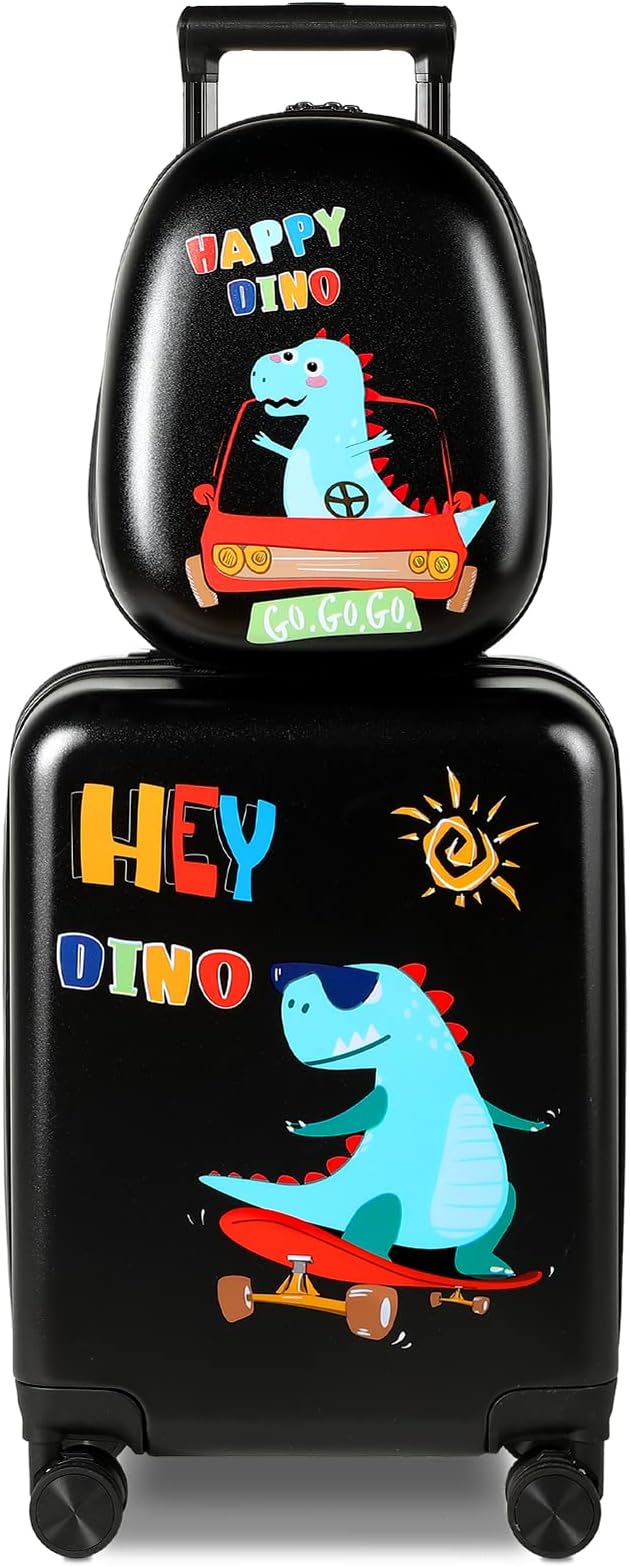 Kids Luggage and Backpack 18" Suitcase with Spinner Wheel Hard Case Travel 13" Backpack Girl Suitcase Set for Kids Travel Supplies(Black,Dinosaur Style)