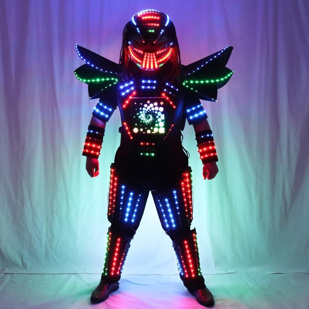Earthradius Pixels - Traje de robot con luces LED, cambio de color, espectáculo de escenario, fiesta, actuación, casco