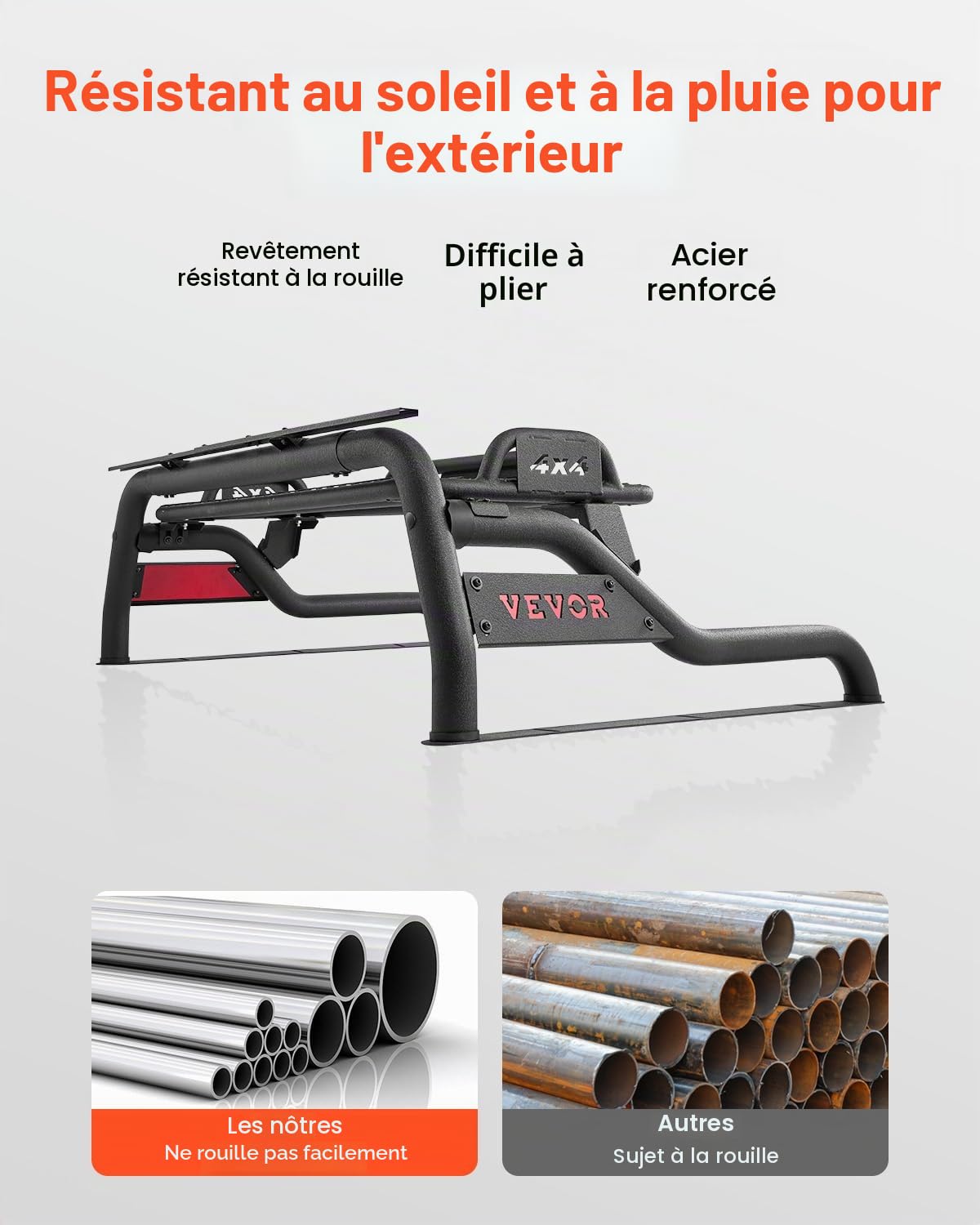 VEVOR Arceau de Sécurité Arrière pour Pick-up, Barre de Benne Réglable Universel, Compatible avec Pickup Pleine Grandeur, en Acier au Carbone, avec Plateau Porte-bagages et Feu Stop LED, Camion