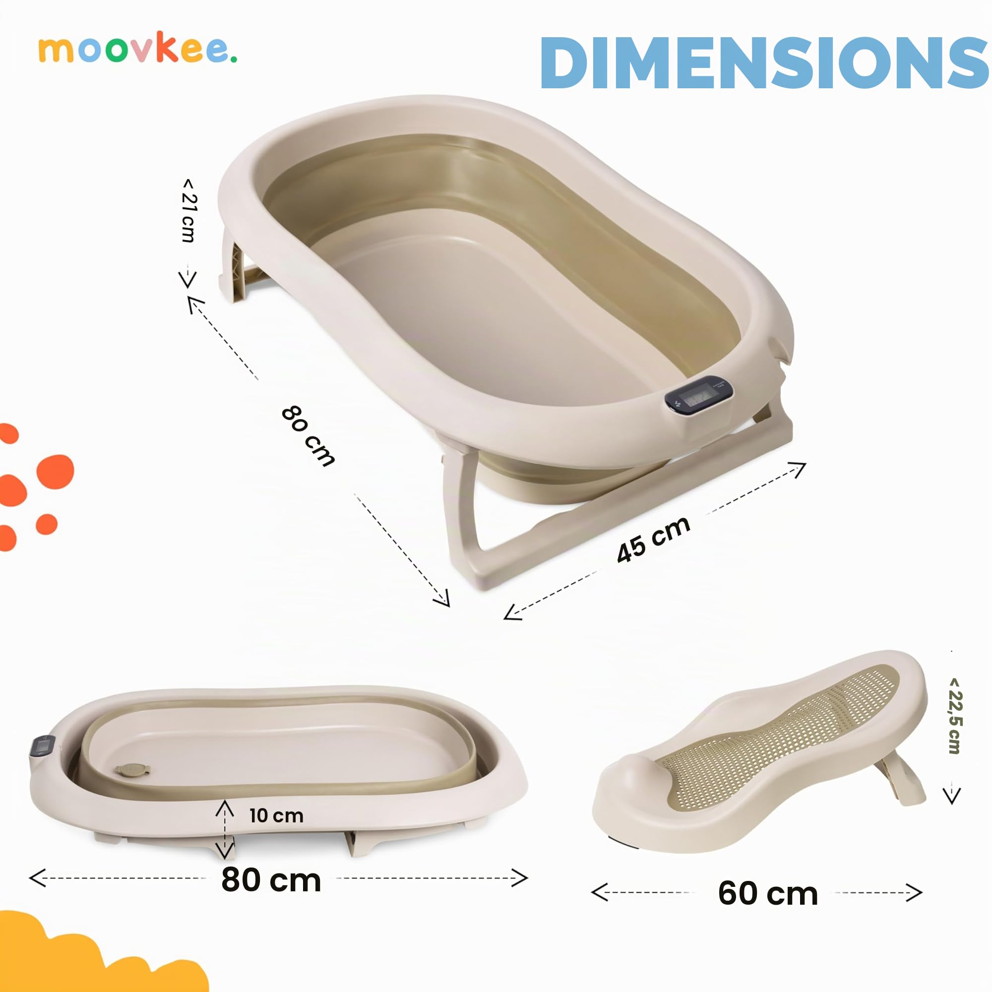 Baignoire bébé pliable 80 cm avec thermomètre et siège de bain antidérapante 0-36 mois
