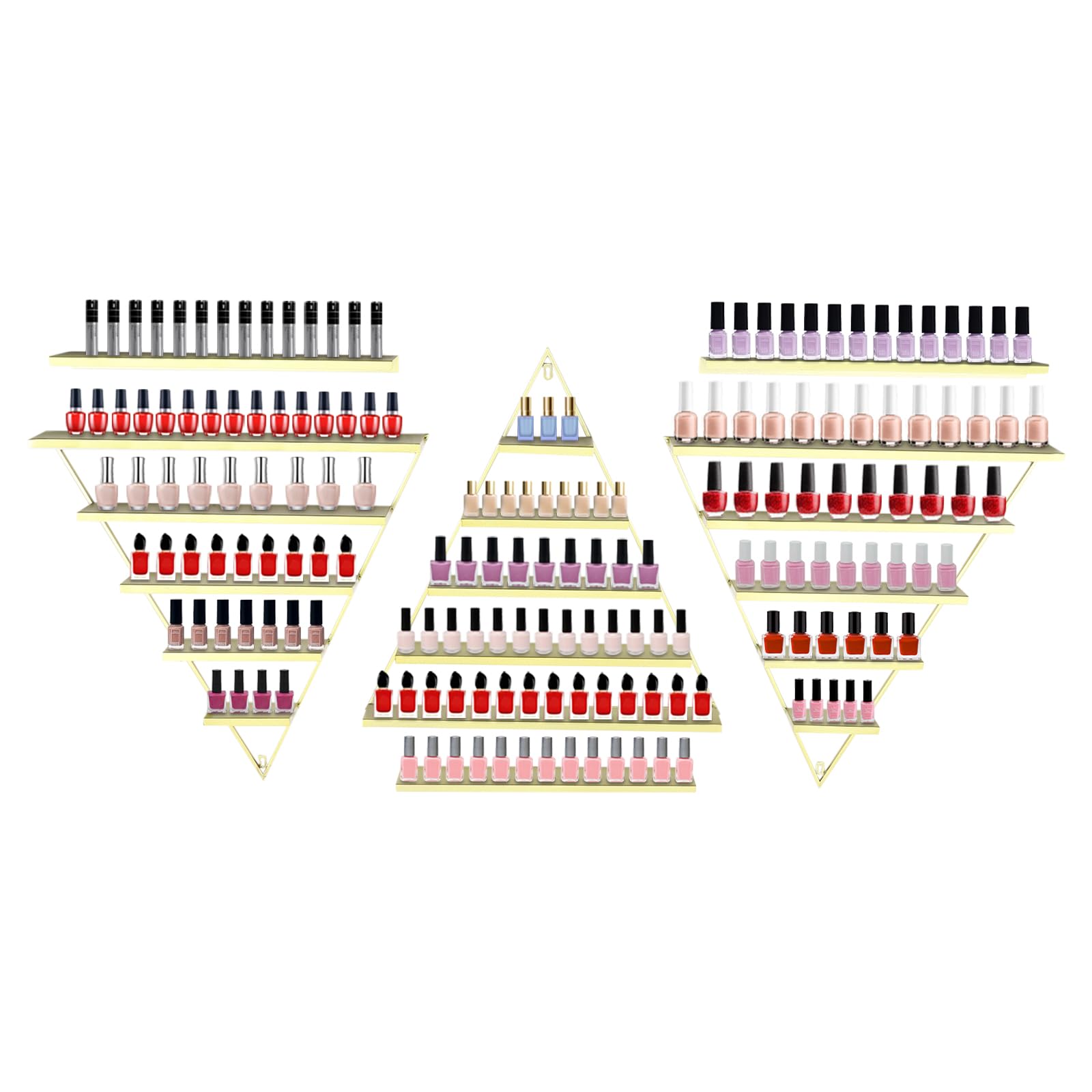 KONKENIE 5 Tier Nail Polish Display Rack Wall-Mounted Metal Storage Shelf Simple Triangular Floating Combo Holder Essential Oil & Perfume & Cosmetic Stand for Home Nail Salon Shop (6PCS Gold)
