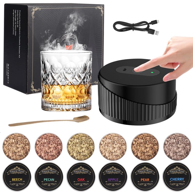 Whiskey Smoker Kit, Electric Cocktail Smoker Kit with 6 Flavors Wood Chips, Rechargeable, No Butane Needed, Birthday Christmas Bourbon Whiskey Gifts for Men,Dad,Husband (Black)