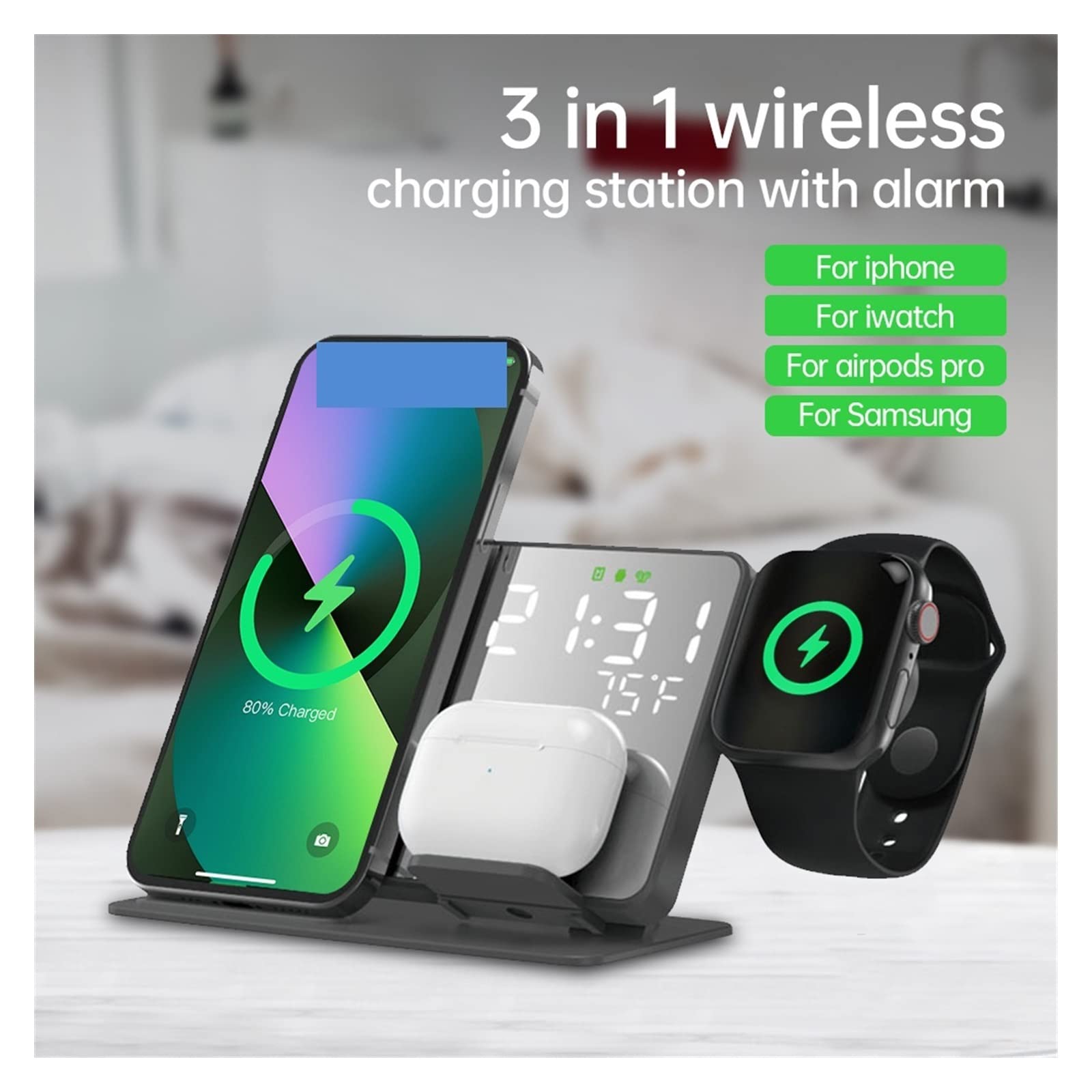 Caricatore Senza Fili, Caricabatterie wireless 4 in 1 for telefono Sveglia digitale LED da tavolo a ricarica rapida Dock Station da 15 W Stazione Di Ricarica Wireless