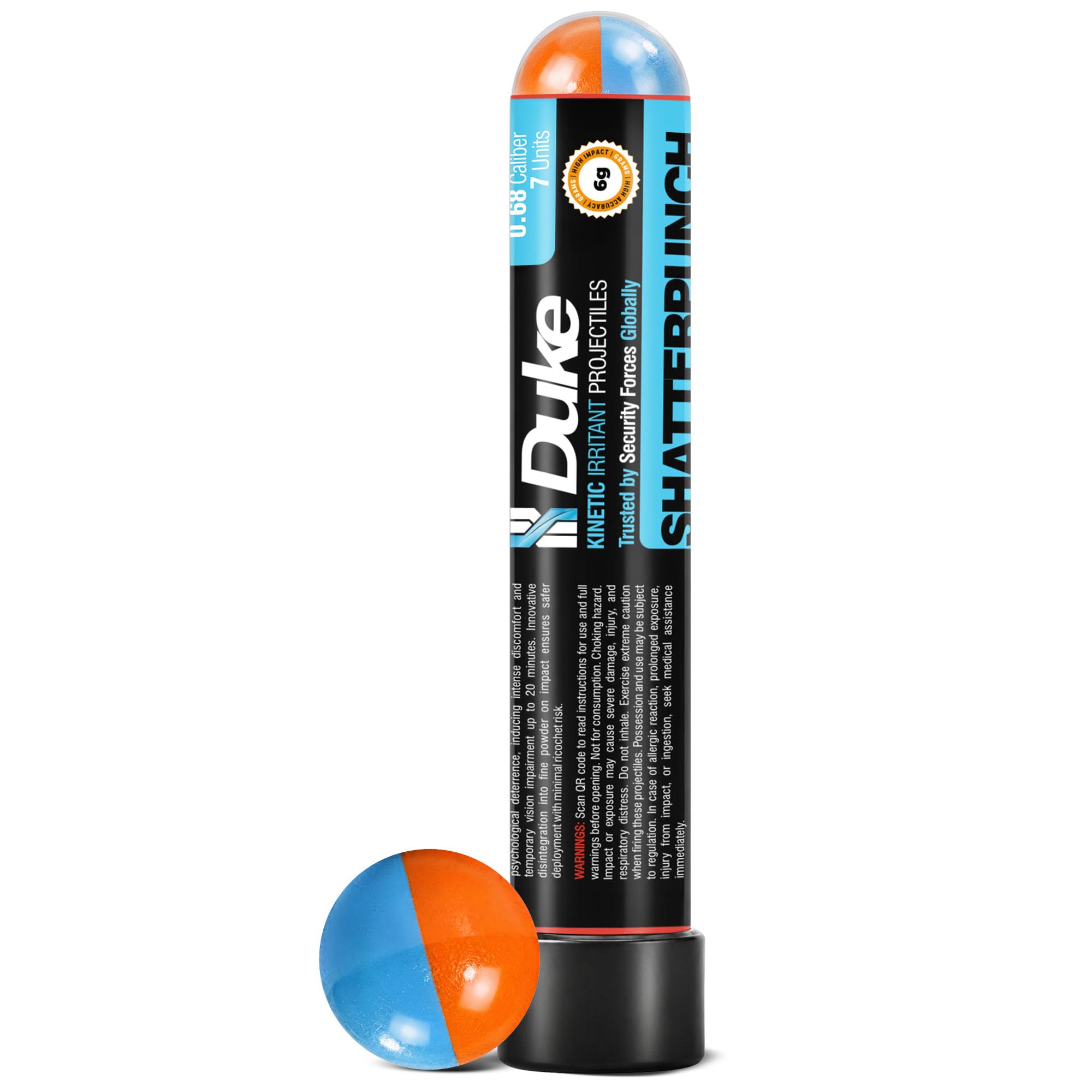 Duke ShatterPunch 6g, 68 Caliber Kinetic Irritant Projectiles, 7 Rounds | 12% CS (Tear Gas) + 2% PAVA (Nonivamide), .68 Cal Frangible Kinetic Projectiles, Powerful Irritant, Less Lethal Self Defense