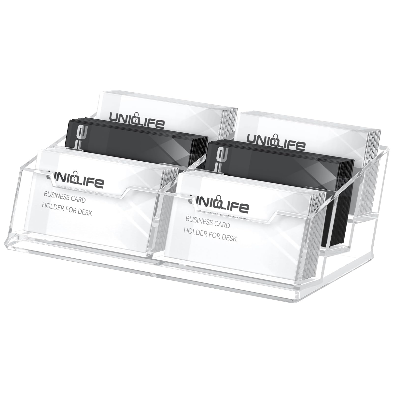 Uniclife Acrylic Business Card Holder for Desk 6 Slots Clear Business Card Display Stand for Men & Women Desktop Business Card Organizer Card Stand for Office Home Exhibition, 360 Card Capacity