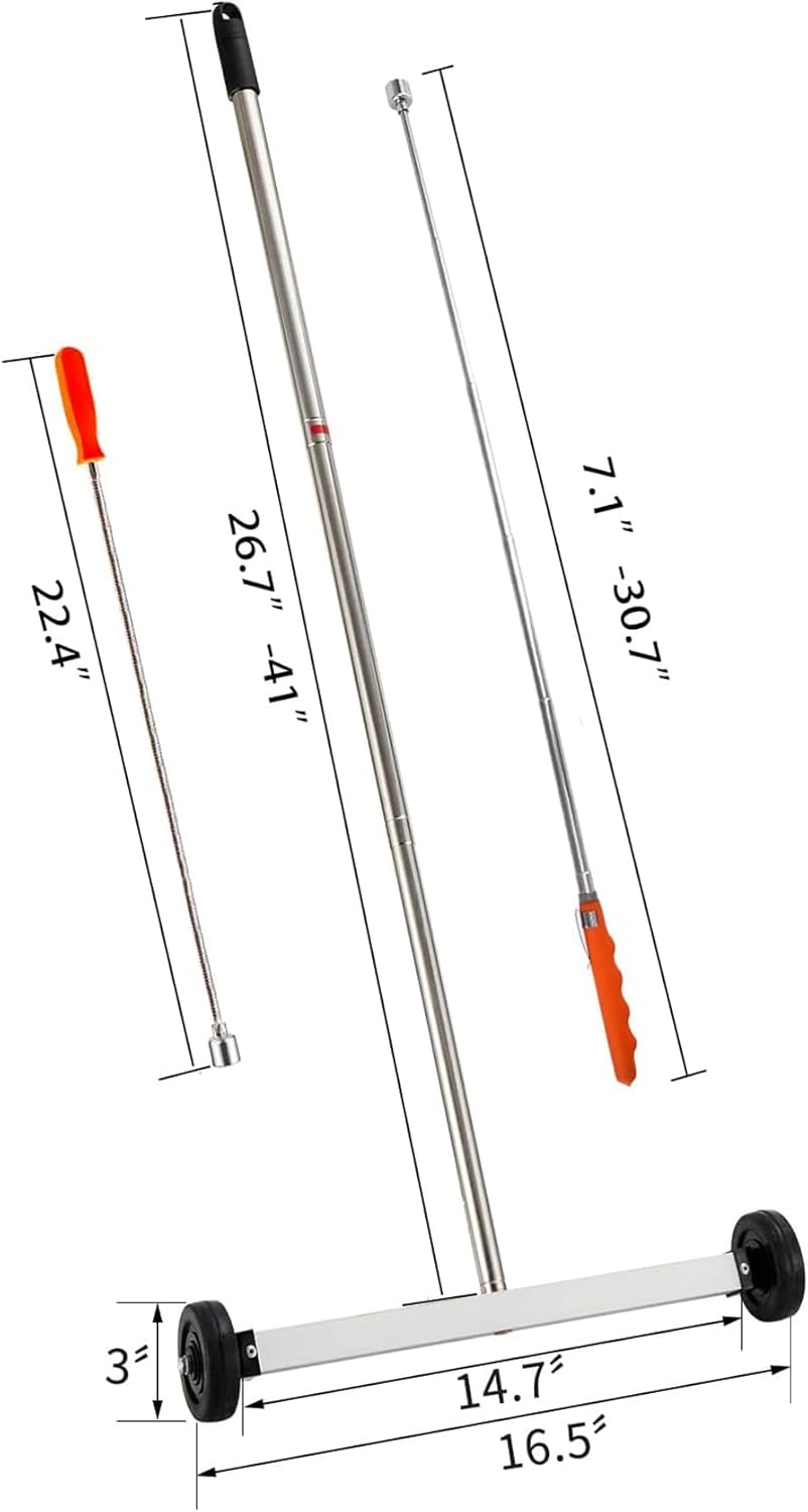 Magnetic Sweeper Pickup Tools set of 3-Yard Magnet Sweeper with Telescoping Holder and Wheels,Extendable and Flexible Magnet Stick Pick Up Nails,use for Mechanic,Automotive,Construction,Lawn,Roofing