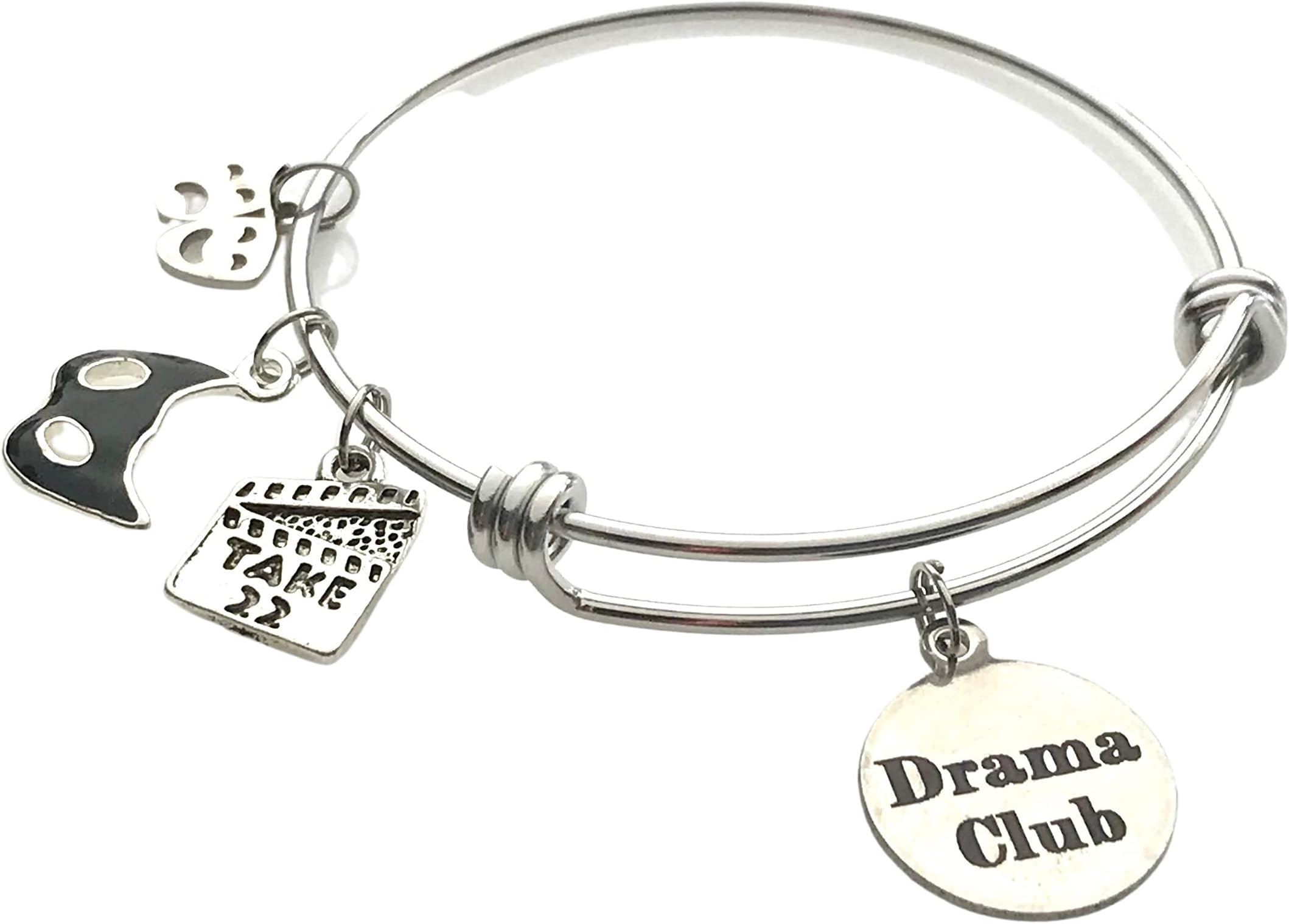 Drama Club Charm Bracelet Theatre Mask, Director Scene, Stainless Steel Expandable Bangle