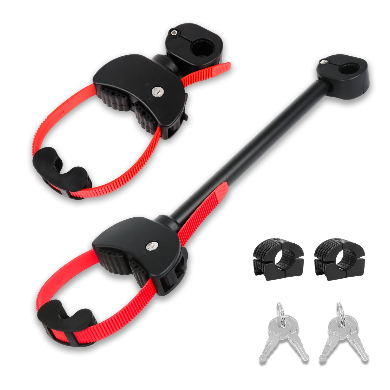 TEOV 2 Stück Rahmenhalter für Fahrradträger Länge 12CM+38CM, Verstellbarer Strap-Rahmenhalter für E-Bike mit Verriegelung, für Ø 2.5-3 cm U-Bügelrohr (Schwarz+Rot)