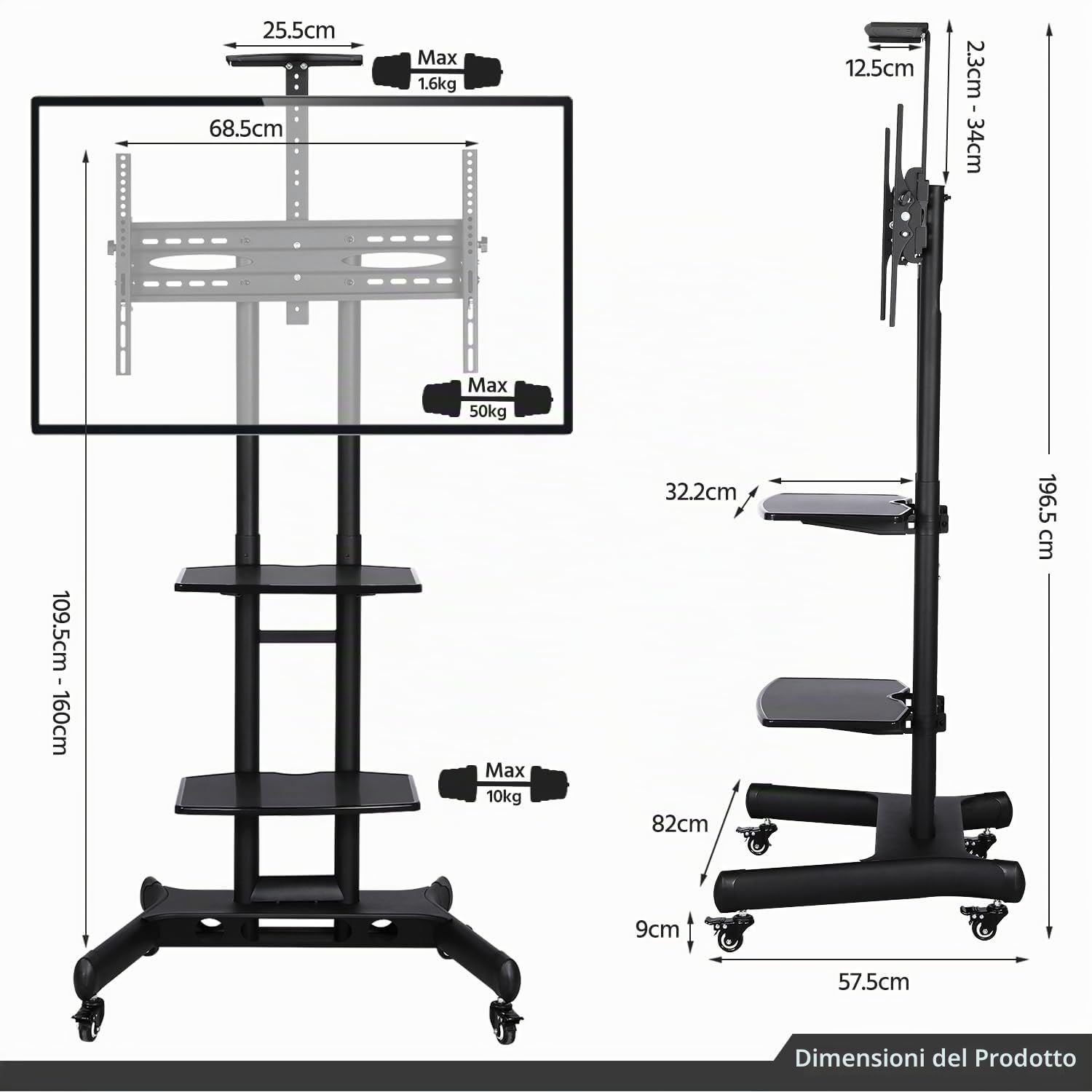 Supporto Staffa TV da 30 a 60 pollici Pavimento Carrello Porta TV Schermi Monitore LCD LED Plasma con Ruote Ripiani Carico 50 KG di Altezza e Angolo Regolabile