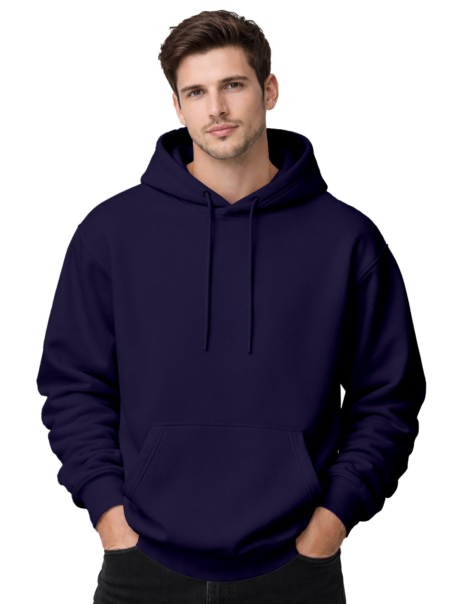 Mens Drop Shoulder White Hoodie | Oversized Look Cotton Blend Fleece | Pullover Sweatshirt with Hood & Kangaroo Pocket | Winter Casual Wear-image-49