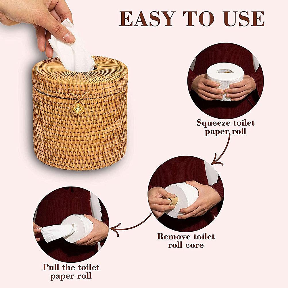 Scatola rotonda in rattan, porta carta igienica in vimini con coperchio, contenitore rotondo adatto per la decorazione della casa del bagno