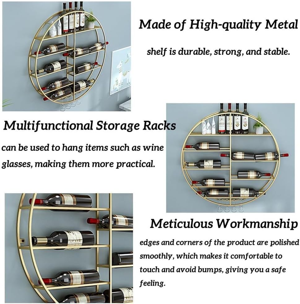 Industrial Black Wall Mounted Wine Rack 3 Tier Floating Shelves for Home Bar Kitchen & Dining Room Gold Accents Bottle Display Glass Holder 27.5"x4.3"x27.5"