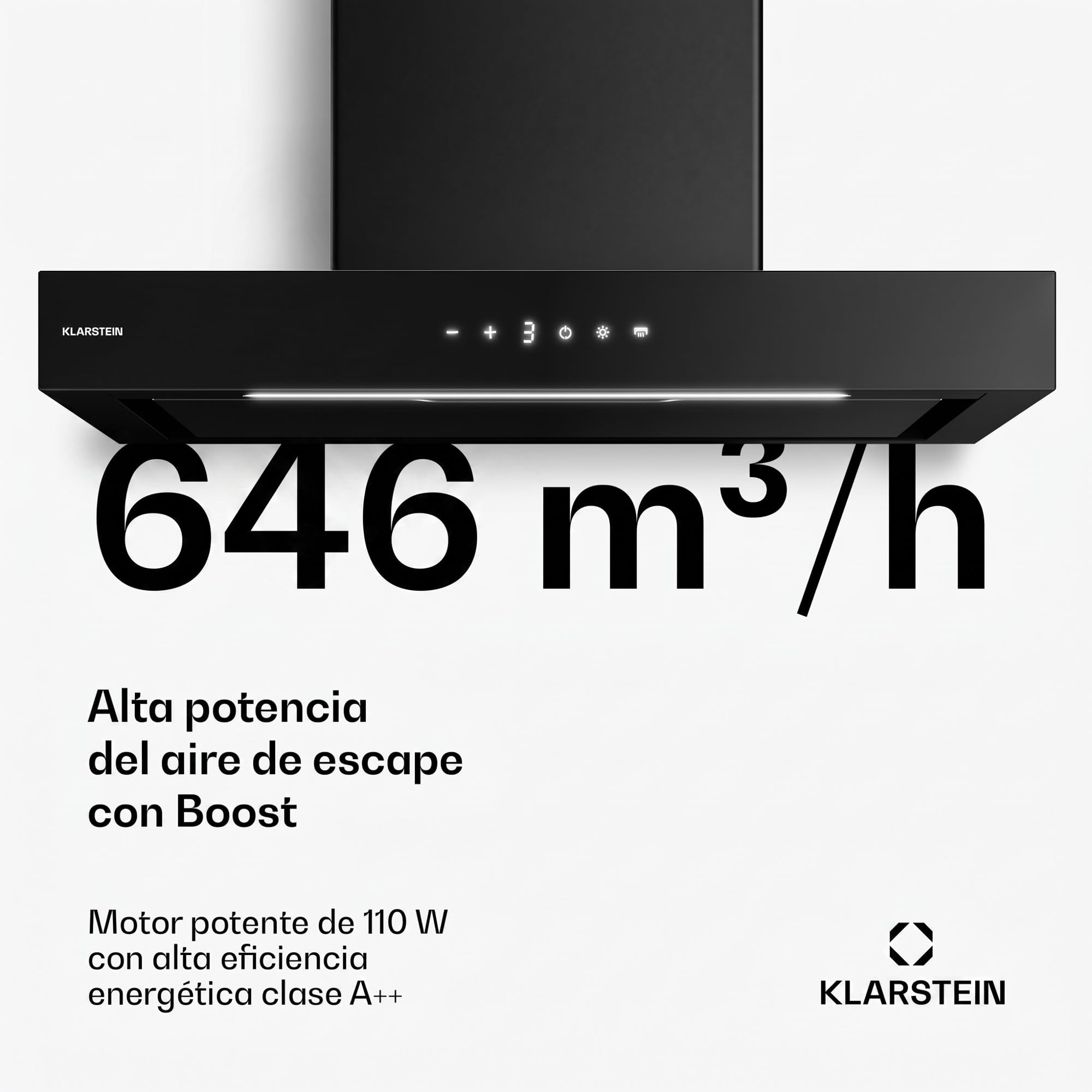 Klarstein Campana extractora de pared, Vapura: Ventilador extractor de 609 m³/h, sensor de calor, control táctil, luz LED, clase energética A++