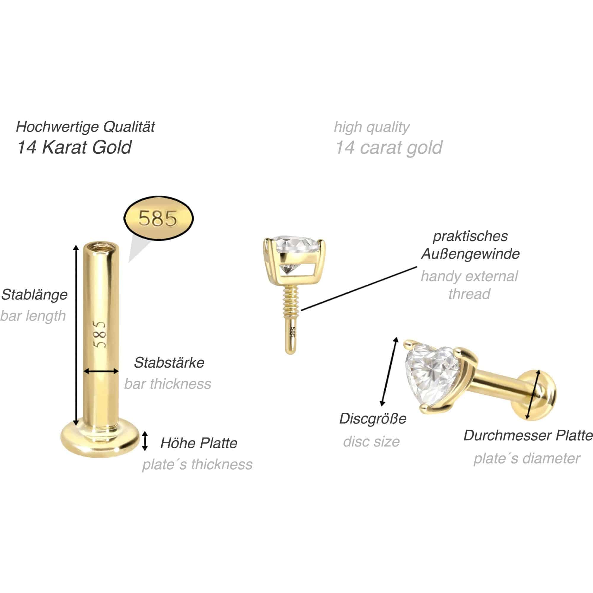 PIERCINGLINE Piercing Stecker 14 Gold Labret mit Innengewinde MOISSANIT-HERZ 585er Gold - Roségoldfarben, Goldfarben, Silberfarben