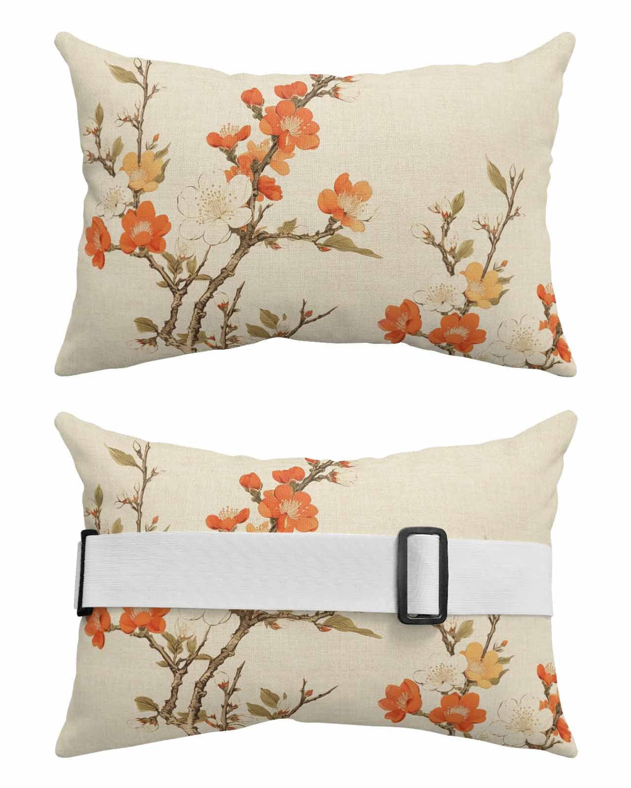 Outdoor Pillows Covers with Inserts Retro Flower Plum Blossom Bud Branch Leaves Linen Waterproof Pillow with Adjustable Strap Throw Pillows for Patio Furniture Pool Lounge Chair, 11x16 Inch, 1PCS