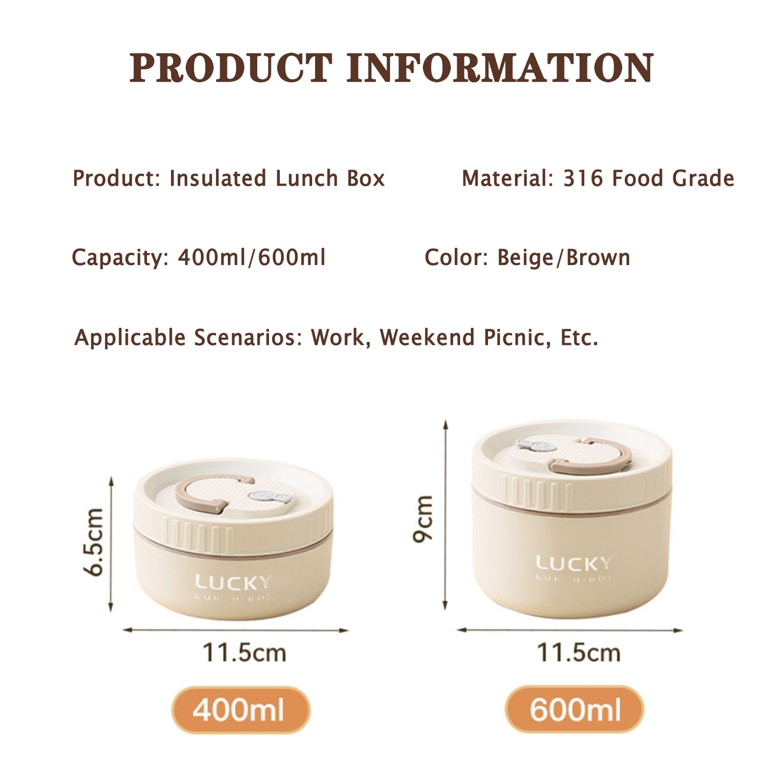 Lonchera de acero inoxidable, caja bento aislada de 3 niveles, apta para microondas, cuenco de sopa para adultos, recipiente térmico para trabajadores de oficina (marrón, 2 piezas + vajilla +
