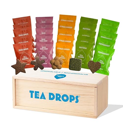 Tea Drops Muestra de té de hojas sueltas orgánicas ligeramente endulzadas Incluye jengibre cítrico acai de arándanos rosa Earl Grey menta dulce y