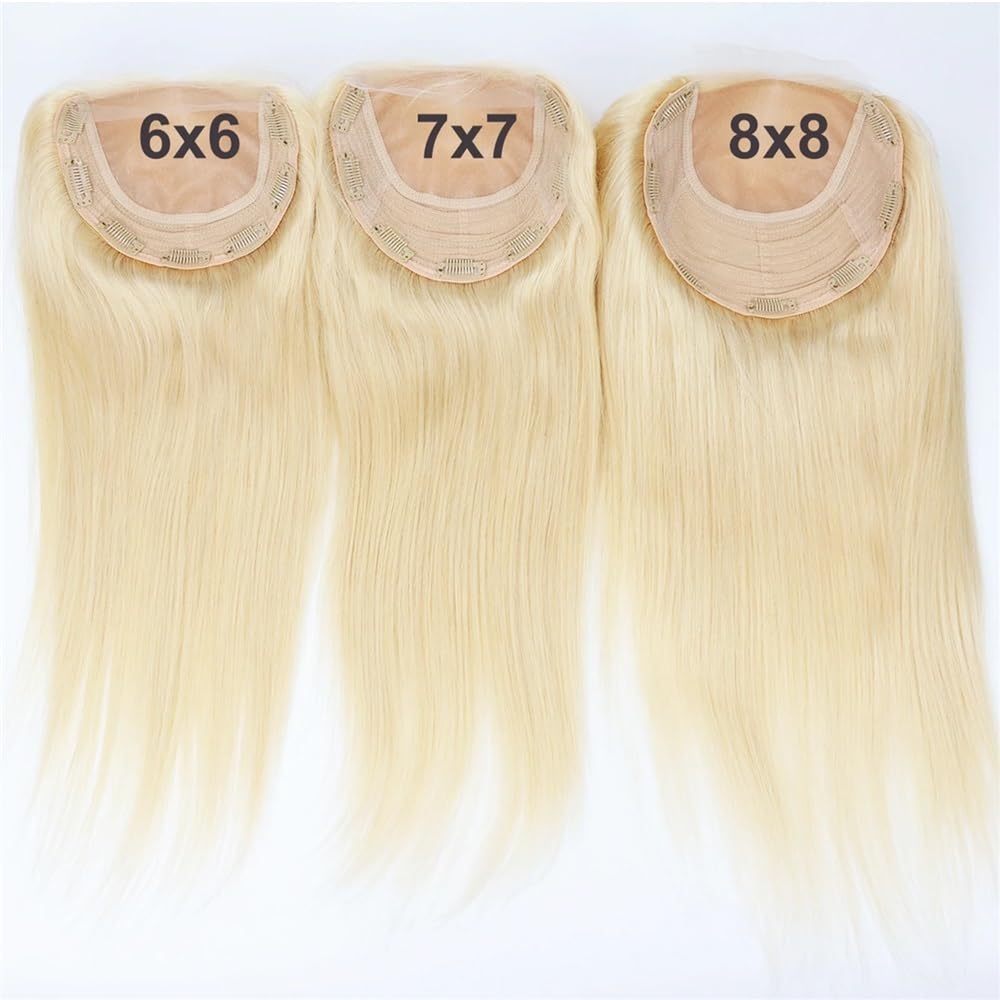 14 cali blond Remy ludzkie włosy doczepiane dla kobiet, oddychająca podstawa i 7 klipsów, miękkie i naturalne (61 cm x 7 cali)