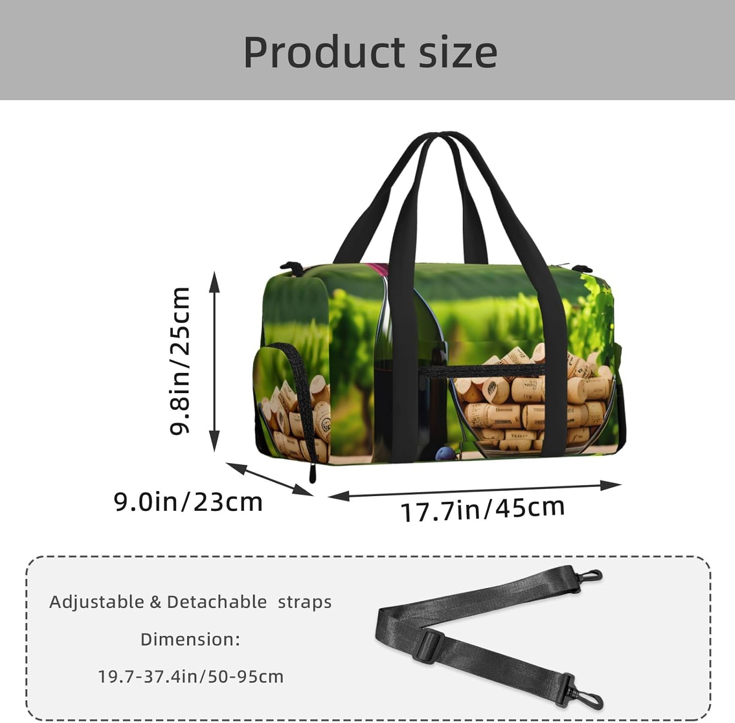 Wine Bottle Corks Grapes Print Handheld Sports Luggage Unisex Crossbody Bag Travel Weekend Fitness Workout image 5