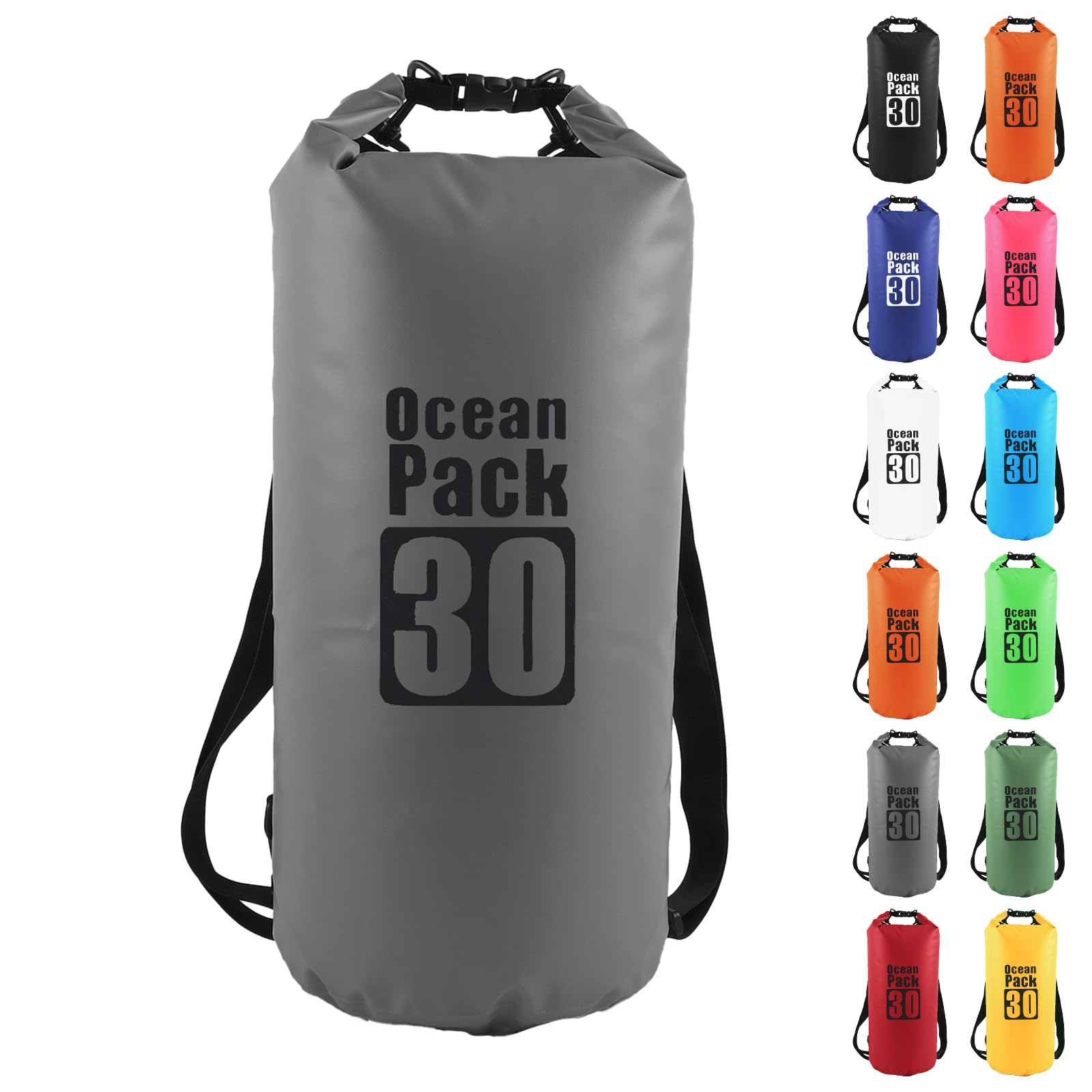 MOMAHUA 30L Waterproof Dry Bag Backpack with Double Shoulder Straps - Grey Durable PVC Roll Top Dry Sack - Heavy Duty Reusable Rucksack for Kayaking, Boating, Beach & Travel