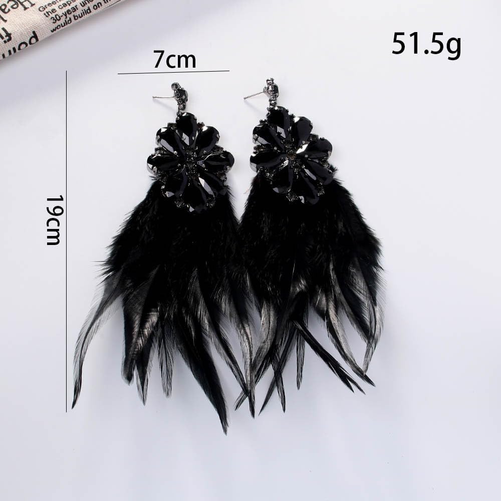 Long Black Feather Tassel Dangle Drop Rhinestone Crystal Flower Statement Stud Earrings for Women Bride Wedding Party Exaggerated Fashion Jewelry - Image 3