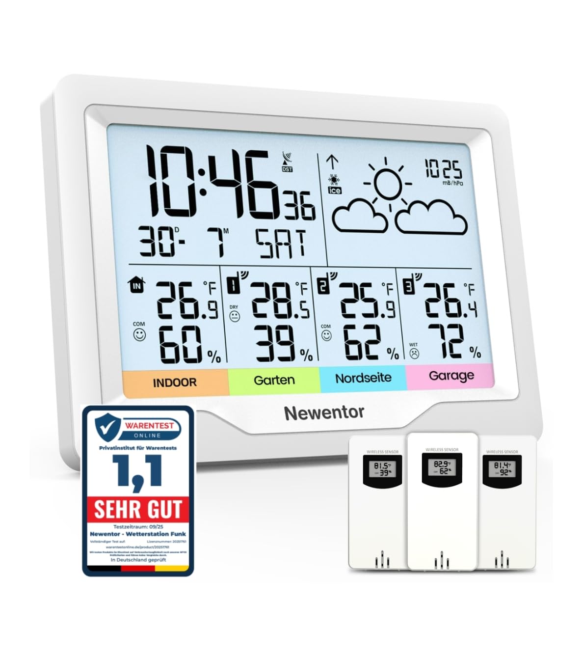 Newentor Wetterstation Funk mit 3 Außensensor Innen und Außen Thermometer Hygrometer DCF-Funkuhr Multifunktionale Funkwetterstation mit Wettervorhersage, Weiß