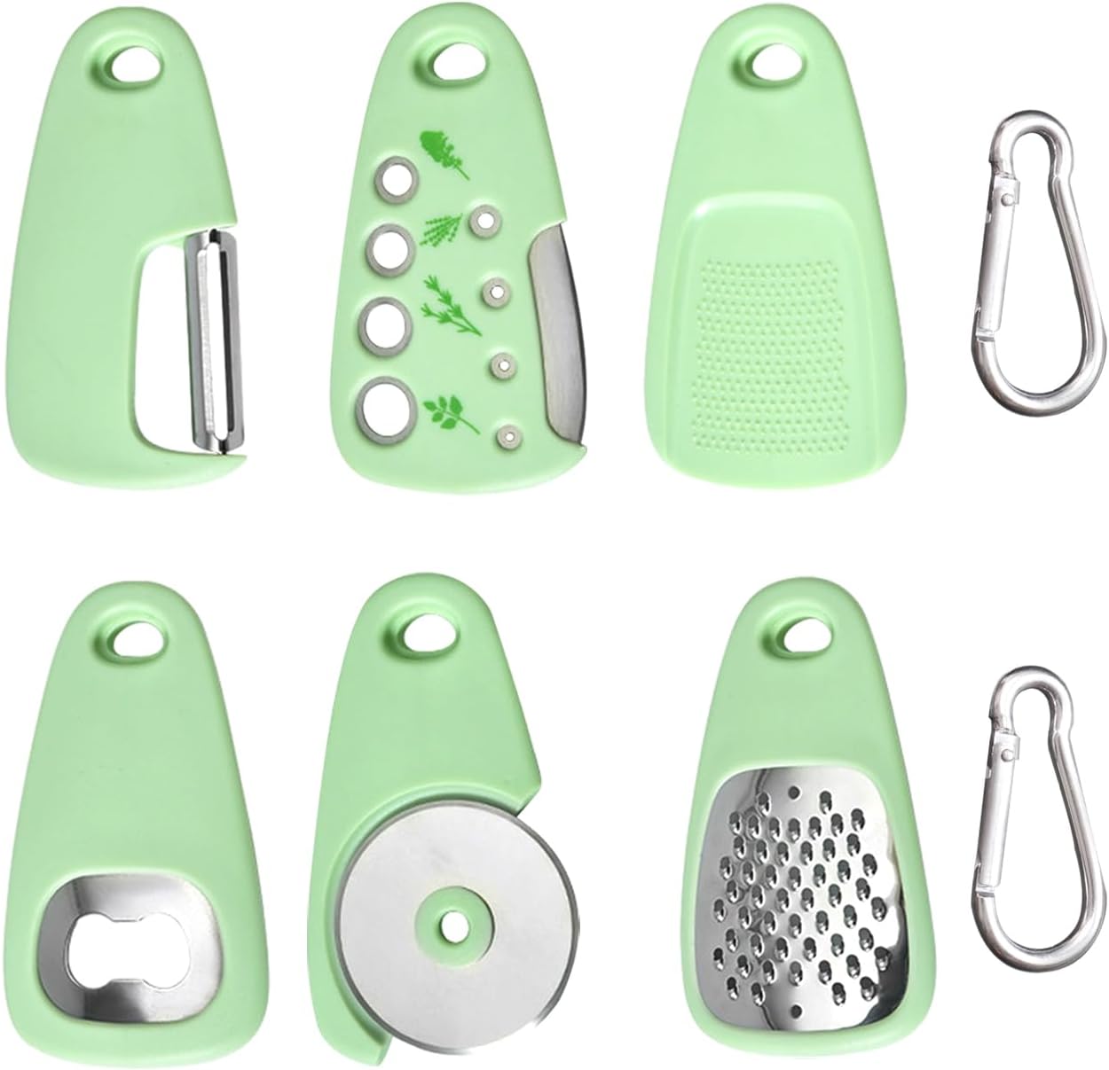 6-in-1 Portable Kitchen Gadget with 2 Pieces White Carabiner, Grater, Bottle Opener, Peeler, Pizza Cutter, Large Grinder, Leaf herb Peeler, Stainless Steel Kitchen Camping Accessories